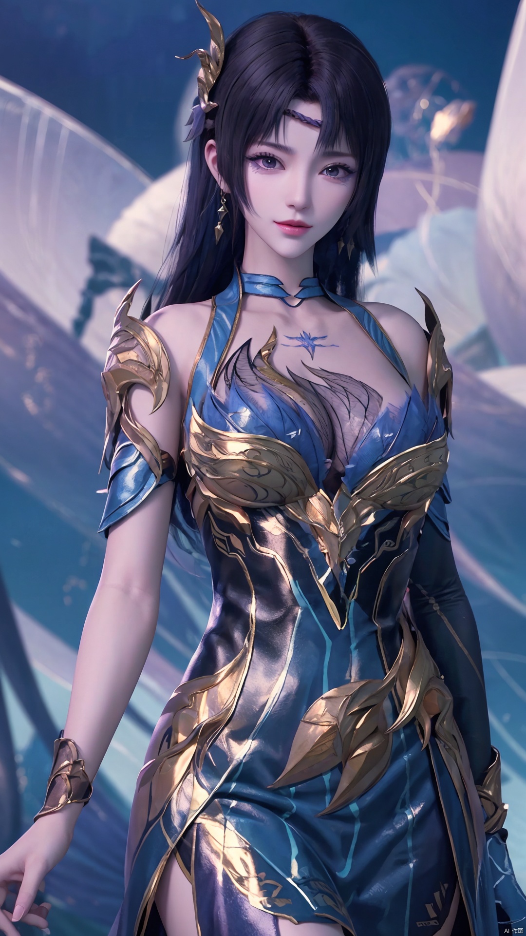  1girl, hair ornament, jewelry, long hair, braid, purple eyes, make_up, earrings, blue dress, mischevious smile, perfect body, scenery, sharp focus, best quality, masterpiece, detailed outfit, illustration, perfect eyes, finely detailed beautiful anime eyes, realistic skin, intricate details, best lighting, depth of field, ultra high resolution,cowboy_shot, dynamic pose, dynamic angle,