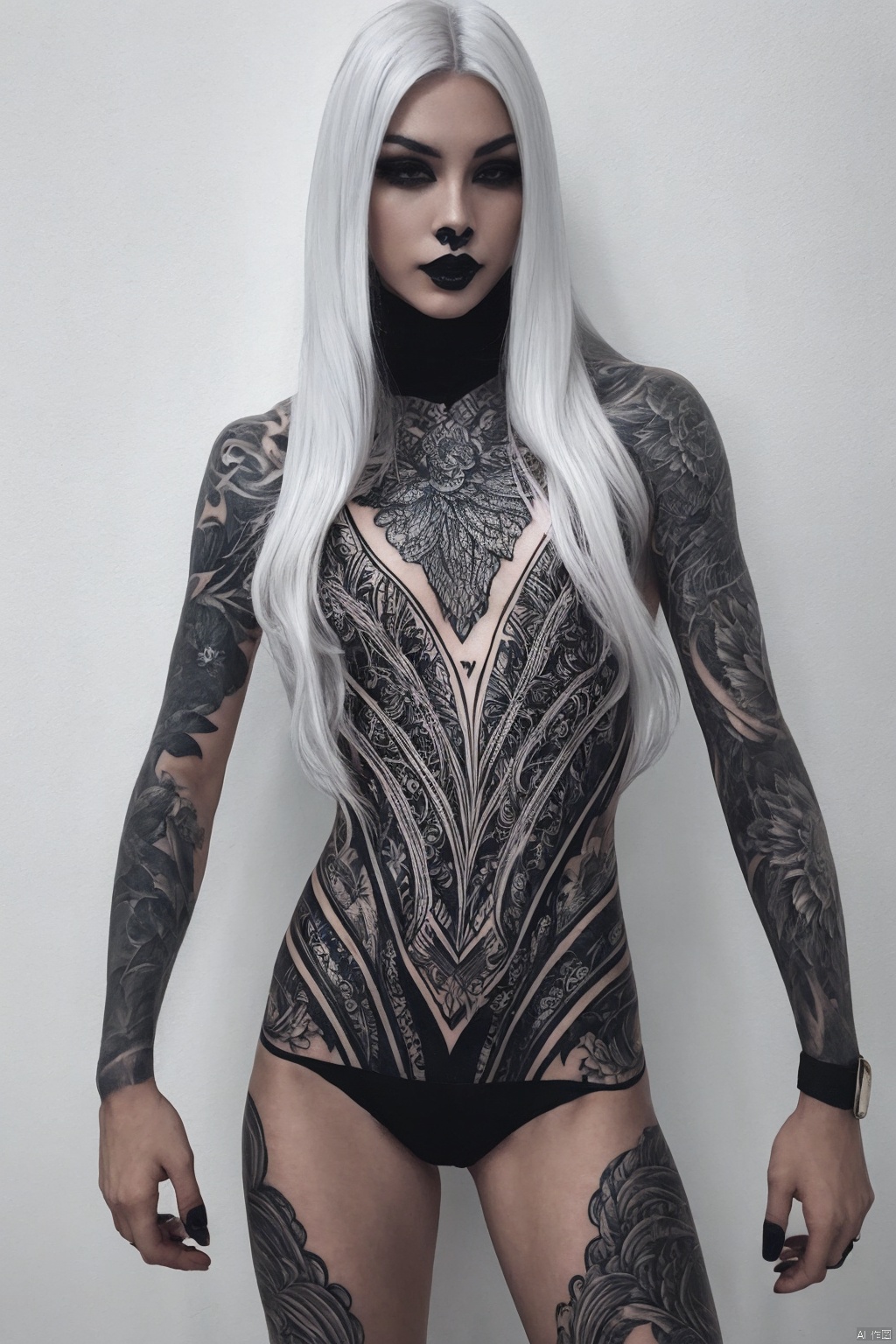 young woman,  tattoos,  blackwork on Tensor.Art