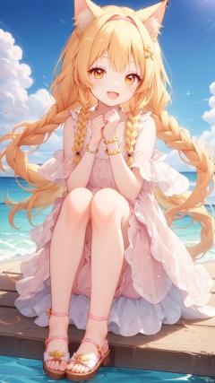 yellow mix cyan, 1girl, animal ears, long hair, blonde hair, open mouth, solo, cat ears, fang, smile, hairband, very long hair, blush, :d, sparkle, dress, twin braids, looking at viewer, braid, bare shoulders, animal ear fluff, brown footwear, bangs, brown eyes, pink hairband, hands up, parted bangs, cat, cat tail, sitting, forehead, animal, bracelet, tail, jewelry, eyebrows visible through hair, cloud, sandals, shoes, pink dress, dotted line, off shoulder, blue background, cat girl, hair ornament, knees up