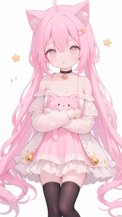  yellow mix cyan, animal ears, 1girl, thighhighs, cat ears, striped, striped legwear, long hair, tail, cat tail, hair ornament, ahoge, solo, stuffed toy, pink hair, stuffed animal, hairclip, animal ear fluff, choker, cat girl, bell, bare shoulders, parted lips, dress, looking at viewer, very long hair, off shoulder, star \(symbol\), bangs, holding, stuffed cat, > <, jingle bell, pink dress, crown, mismatched legwear, pink skirt, blush, asymmetrical legwear, hair between eyes, brown eyes, neck bell, stuffed bunny, eyebrows visible through hair, pink legwear, wings, object hug, white legwear, :o, teddy bear, white background, collarbone, off-shoulder dress, holding stuffed toy, feet out of frame, cat, yellow eyes
