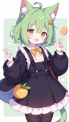  yellow mix cyan, 1girl, animal ears, cat ears, tail, solo, skirt, cat tail, open mouth, pantyhose, food, fruit, jacket, green hair, shirt, smile, white shirt, black skirt, open clothes, long sleeves, black jacket, open jacket, white background, ahoge, fish, cat girl, suspenders, eyebrows visible through hair, looking at viewer, lemon, :d, bangs, suspender skirt, blush, collared shirt, :3, hair between eyes, orange \(fruit\), brown legwear, brown eyes, black legwear, short hair, simple background, frills, frilled skirt, mandarin orange, animal ear fluff, cowboy shot, hands up, green tail, floral background, lemon slice, orange eyes, notice lines, pleated skirt, hood, pom pom \(clothes\)