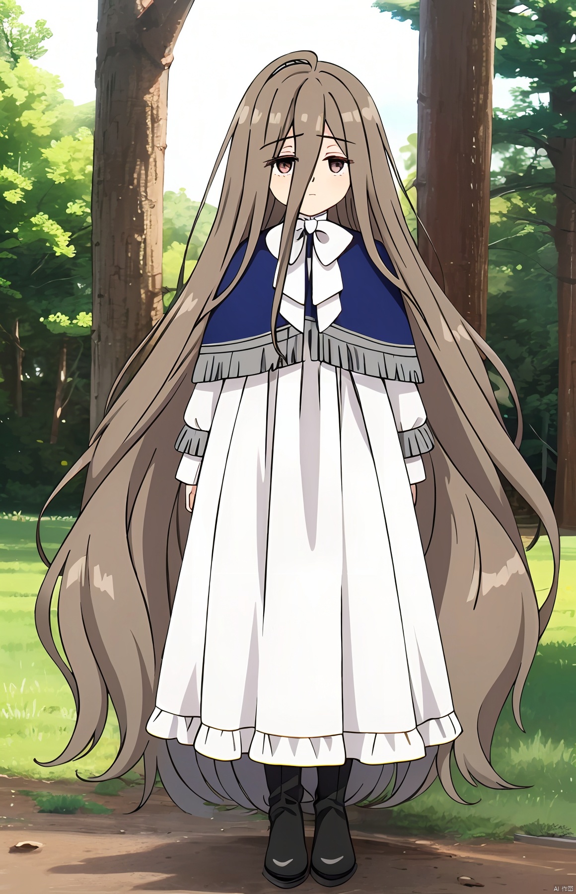  masterpiece,best quality,intricate detail,
1girl, very long hair,wavy hair, hair between eyes,hair tubes,capelet,frills,long dress,white dress,white bow,white bowtie,ribbon, long sleeves, long skirt, boots,black footwear,
outdoors,