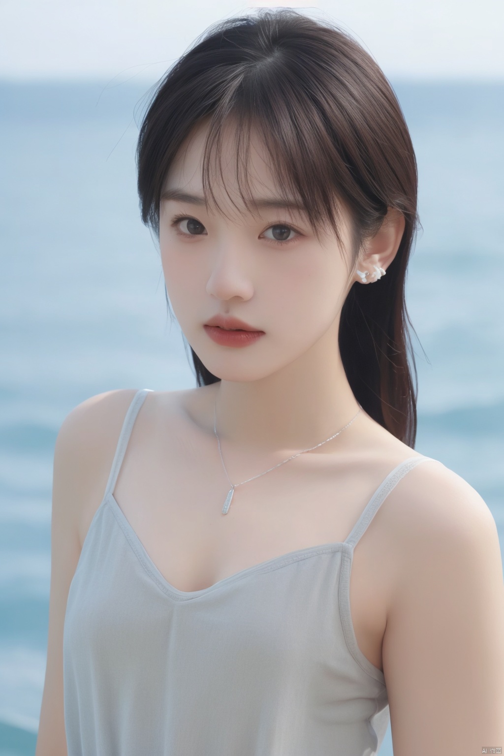  (realistic:1.5) ,highly detailed skin,1girl, big eyes ,(portrait:1.2) ,bare shoulders,long hair , (camisole:1.5) ,(natural skin:1.5) , (flat chest:1.5),thin waist ,sea ,sky, (blurry background:1.5) ,necklace ,earrings