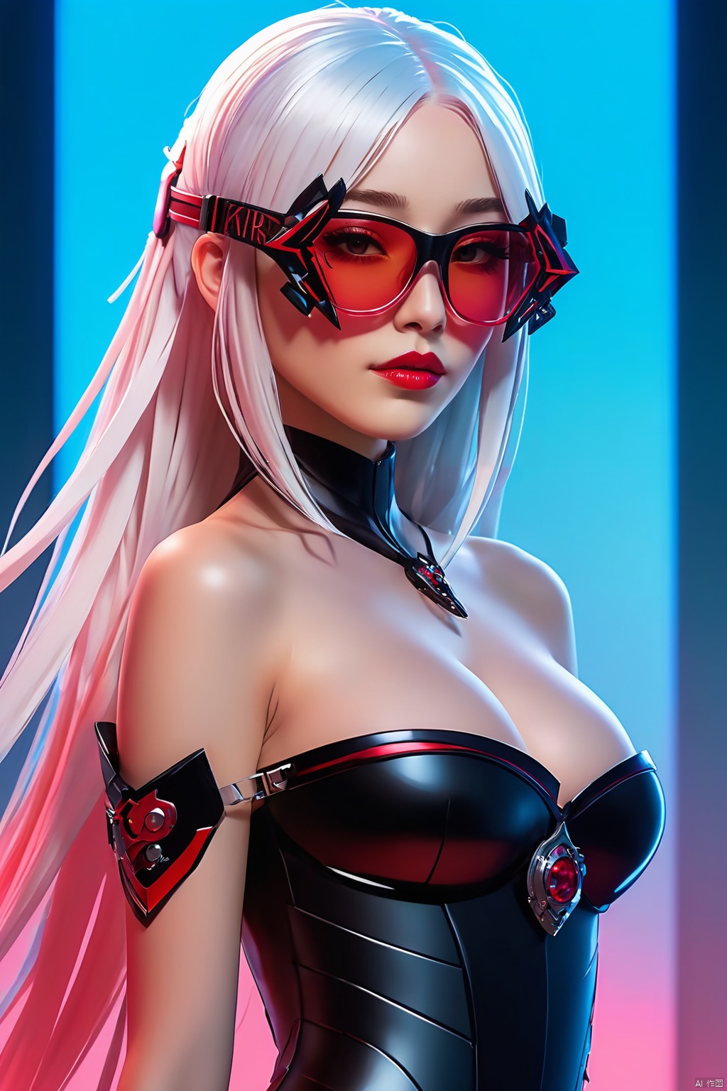  Dimensional Armory,wearing black and red, Anime girl in bare-shoulder dress,with long white hair,wearing black glasses frame,glowing pink special effects,gradient blue and pink Lights,light blue background,rich details,Expose the mechanical mask of the eyes,ultra high resolution,32K UHD,best quality,masterpiece,