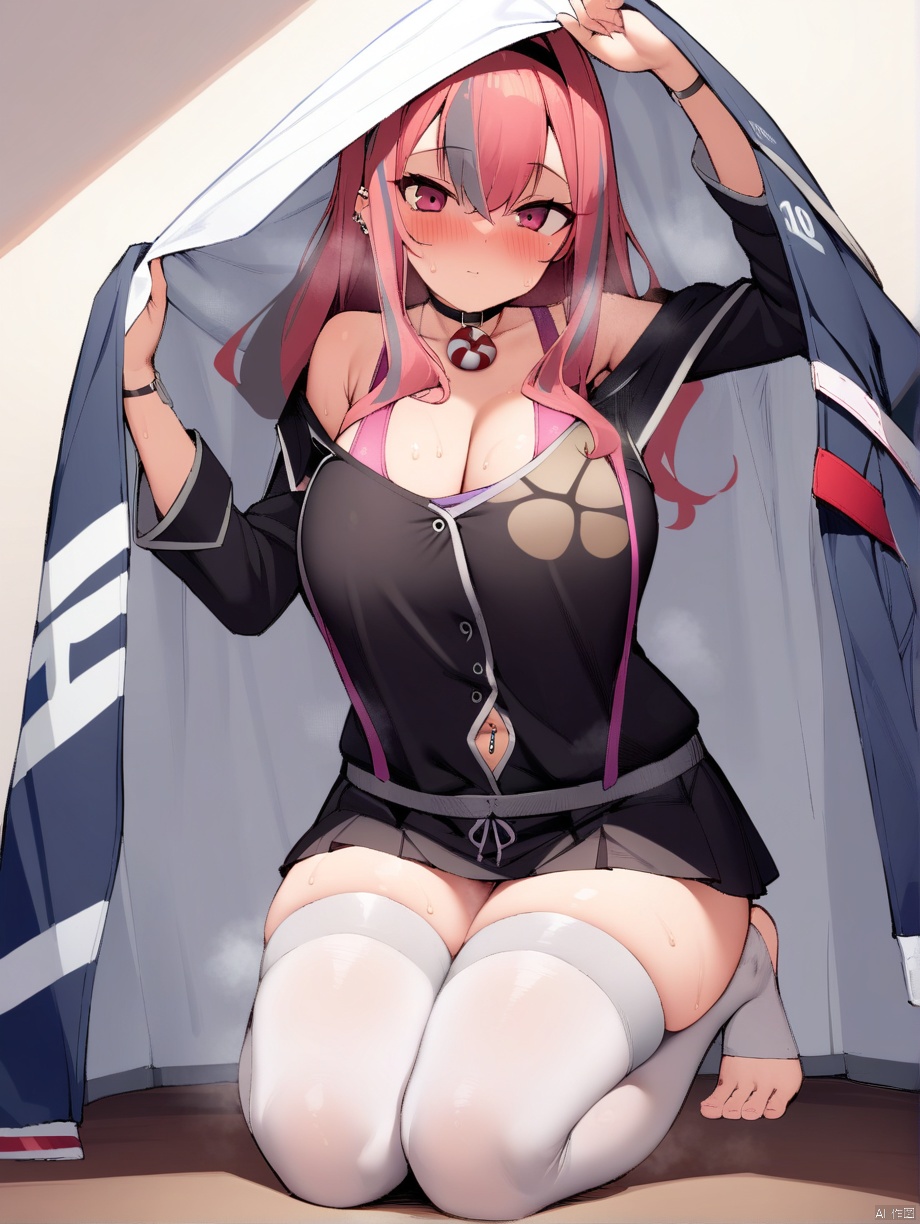 ,bremerton_\(azur_lane\), long hair,  black_shirt,long sleeves,collarbone,sports bra strap, skirt,white toeless legwear,seiza,holding the sheet,blush, indoors,, masterpiece, best quality,  very aesthetic, absurdres,