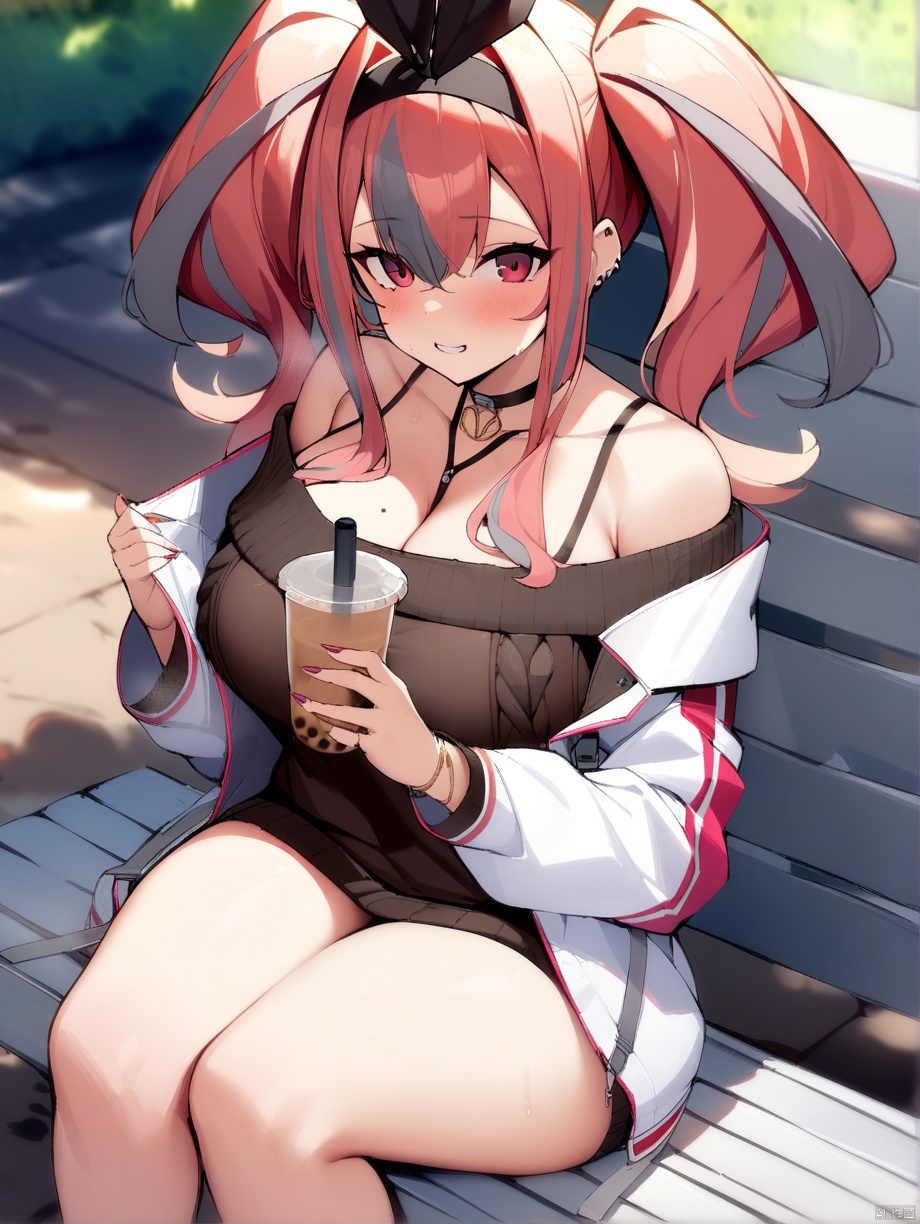 ,bremerton_\(azur_lane\), twintails,white jacket,mole, hair_bow,collarbone, off-shoulder_sweater, outdoors, sitting,holding bubble tea, masterpiece, best quality,  very aesthetic, absurdres,