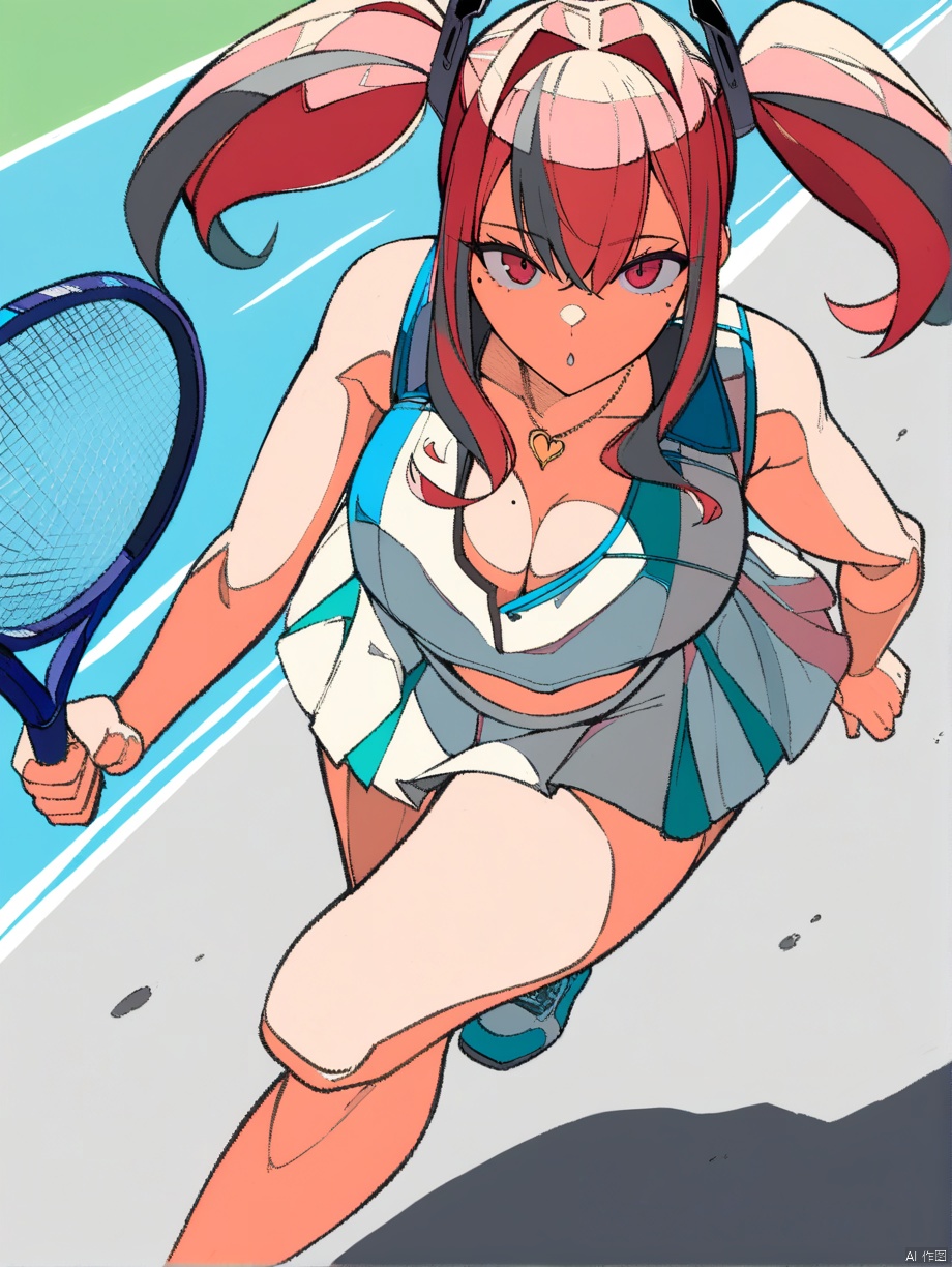 ,bremerton_\(azur_lane\),twintails, mole,heart_necklace, skirt, tennis_uniform, outdoors,ligne claire,speed lines,motion lines,from above,holding tennis racket, dutch angle,standing on one leg, motion blur,looking at viewer,, masterpiece, best quality,  very aesthetic, absurdres,