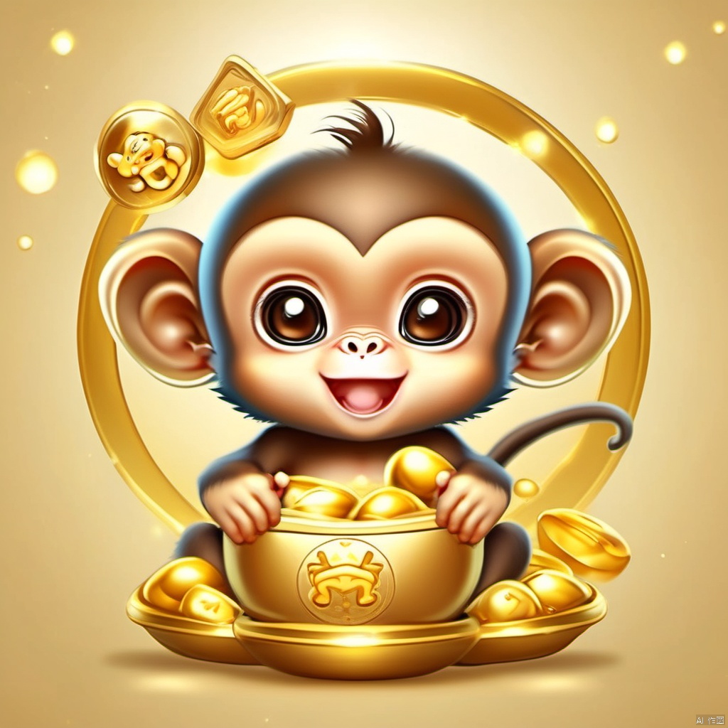 Cartoon version, cute beckoning monkey baby, zodiac, background blur, gold ingots,