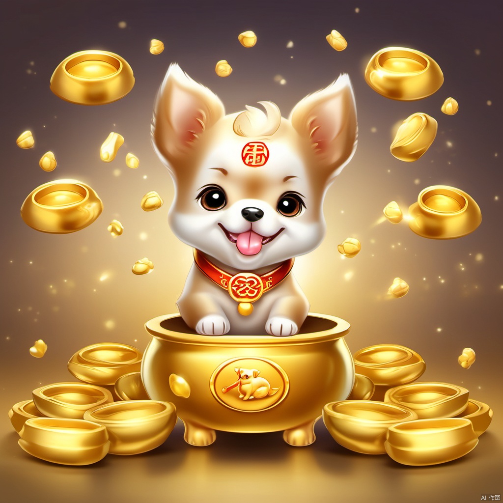 Cartoon version, cute beckoning dog baby, zodiac, background blur, gold ingots,