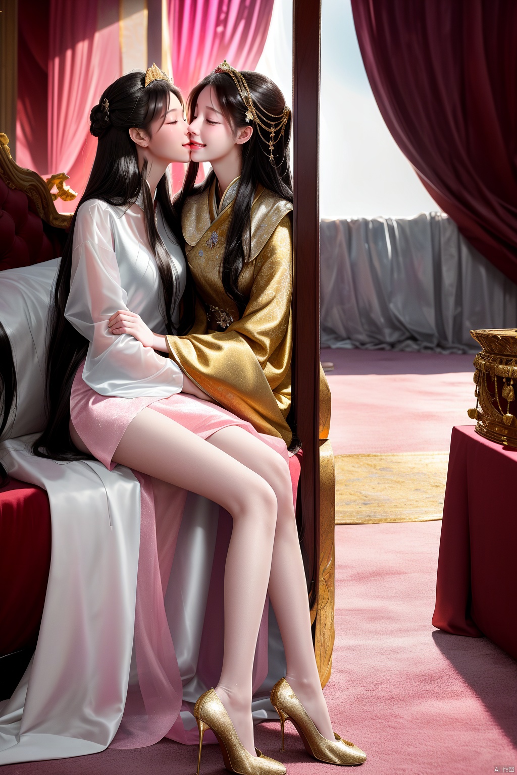 (View of the whole palace from afar,There are 100 girls,)( (all of whom have beautiful long black hair  ,All the girls wore beautiful and delicate white translucent gauze clothes, and the female emperor's sister also wore beautiful and delicate white translucent gauze clothes   )),(All girls have beautiful white angel wings behind them,  and the angel wings of the female emperor's sister have beautiful, graceful, delicate Angel's wings are white with gold thread),The camera zooms out,(A beautiful and gentle girl walked into the palace of the daughter kingdom. The curtains of the whole palace were pink.She stood shyly in the center of the pink carpet. The gentle and doomsday empress sat on the gold crystal seat and looked at her gently. Four rows of enchanting girls stood beside the pink carpet. The girls smiled and looked at her.There are one hundred girls in the two rows around ,They were all wearing white gauze clothes.) The female emperor was wearing gold gauze clothes and crystal shoes. The female emperor's sister got up and came to the girl's side. Her skin was white and tender, her legs were slender and straight, and her breasts were plump and beautiful. The female emperor was so young, beautiful and gentle, When she walked, she gently lifted her skirt with her left hand, and then her white, tender, silky, straight and graceful legs all leaked out, 
The female emperor elder sister came to the beautiful girl's side and hugged her gently, then kissed the girl's pink lips and kissing ,and kissing her mouths
,There were twenty beautiful and charming girls around the female emperor ,Then this group of girls followed the female emperor a little far away, and they especially respected the status of the female emperor
,It seemed that the female emperor didn't have any airs and was not dignified to the girls at all.The palace is very big and spacious,There is no red in the palace, mainly pink and purple gold, which gives girls a kind feeling, Draw the curtains
,Turn off all lights  ,The light is very dark,The female emperor sister and gently hugged the beautiful girl, put her tongue into her mouth, sucked and kissing, girl,sister,female