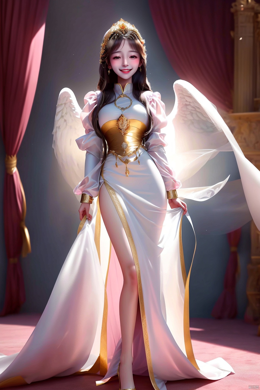 (View of the whole palace from afar,There are 100 girls,)( (all of whom have beautiful long black hair  ,All the girls wore beautiful and delicate white translucent gauze clothes, and the female emperor's sister also wore beautiful and delicate white translucent gauze clothes   )),(All girls have beautiful white angel wings behind them,  and the angel wings of the female emperor's sister have beautiful, graceful, delicate Angel's wings are white with gold thread),The camera zooms out,(A beautiful and gentle girl walked into the palace of the daughter kingdom. The curtains of the whole palace were pink.She stood shyly in the center of the pink carpet. The gentle and doomsday empress sat on the gold crystal seat and looked at her gently. Four rows of enchanting girls stood beside the pink carpet. The girls smiled and looked at her.There are one hundred girls in the two rows around ,They were all wearing white gauze clothes.) The female emperor was wearing gold gauze clothes and crystal shoes. The female emperor's sister got up and came to the girl's side. Her skin was white and tender, her legs were slender and straight, and her breasts were plump and beautiful. The female emperor was so young, beautiful and gentle, When she walked, she gently lifted her skirt with her left hand, and then her white, tender, silky, straight and graceful legs all leaked out, 
The female emperor elder sister came to the beautiful girl's side and hugged her gently, then kissed the girl's pink lips and kissing ,and kissing her mouths
,There were twenty beautiful and charming girls around the female emperor ,Then this group of girls followed the female emperor a little far away, and they especially respected the status of the female emperor
,It seemed that the female emperor didn't have any airs and was not dignified to the girls at all.The palace is very big and spacious,There is no red in the palace, mainly pink and purple gold, which gives girls a kind feeling, Draw the curtains
,Turn off all lights  ,The light is very dark,The female emperor sister and gently hugged the beautiful girl, put her tongue into her mouth, sucked and kissing, girl,sister