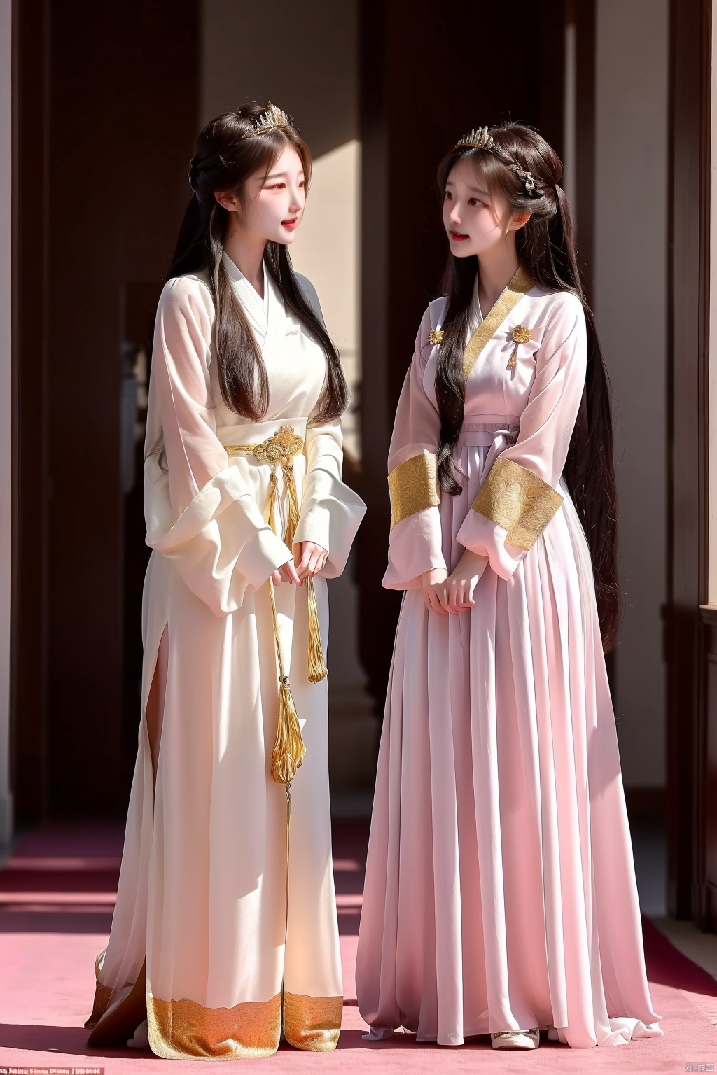 (View of the whole palace from afar,There are 100 girls,)( (all of whom have beautiful long black hair  ,All the girls wore beautiful and delicate white translucent gauze clothes, and the female emperor's sister also wore beautiful and delicate white translucent gauze clothes   )),(All girls have beautiful white angel wings behind them,  and the angel wings of the female emperor's sister have beautiful, graceful, delicate Angel's wings are white with gold thread),The camera zooms out,(A beautiful and gentle girl walked into the palace of the daughter kingdom. The curtains of the whole palace were pink.She stood shyly in the center of the pink carpet. The gentle and doomsday empress sat on the gold crystal seat and looked at her gently. Four rows of enchanting girls stood beside the pink carpet. The girls smiled and looked at her.There are one hundred girls in the two rows around ,They were all wearing white gauze clothes.) The female emperor was wearing gold gauze clothes and crystal shoes. The female emperor's sister got up and came to the girl's side. Her skin was white and tender, her legs were slender and straight, and her breasts were plump and beautiful. The female emperor was so young, beautiful and gentle, When she walked, she gently lifted her skirt with her left hand, and then her white, tender, silky, straight and graceful legs all leaked out, 
The female emperor elder sister came to the beautiful girl's side and hugged her gently, then kissed the girl's pink lips and kissing ,and kissing her mouths
,There were twenty beautiful and charming girls around the female emperor ,Then this group of girls followed the female emperor a little far away, and they especially respected the status of the female emperor
,It seemed that the female emperor didn't have any airs and was not dignified to the girls at all.The palace is very big and spacious,There is no red in the palace, mainly pink and purple gold, which gives girls a kind feeling, Draw the curtains
,Turn off all lights  ,The light is very dark,The female emperor sister and gently hugged the beautiful girl, put her tongue into her mouth, sucked and kissing,
((Dewy, white, silky skin, long, straight, graceful legs.Keep eyes open.))

 1girls,sister,female, girl