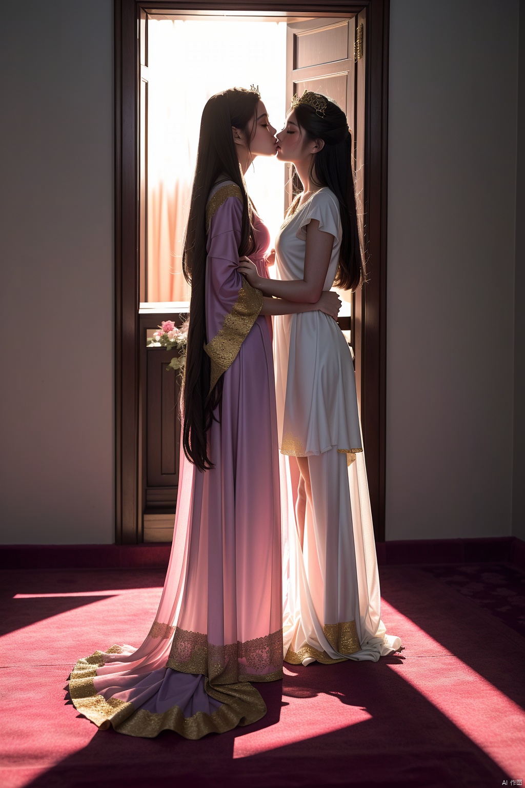 (View of the whole palace from afar,There are 100 girls,)( (all of whom have beautiful long black hair  ,All the girls wore beautiful and delicate white translucent gauze clothes, and the female emperor's sister also wore beautiful and delicate white translucent gauze clothes   )),(All girls have beautiful white angel wings behind them,  and the angel wings of the female emperor's sister have beautiful, graceful, delicate Angel's wings are white with gold thread),The camera zooms out,(A beautiful and gentle girl walked into the palace of the daughter kingdom. The curtains of the whole palace were pink.She stood shyly in the center of the pink carpet. The gentle and doomsday empress sat on the gold crystal seat and looked at her gently. Four rows of enchanting girls stood beside the pink carpet. The girls smiled and looked at her.There are one hundred girls in the two rows around ,They were all wearing white gauze clothes.) The female emperor was wearing gold gauze clothes and crystal shoes. The female emperor's sister got up and came to the girl's side. Her skin was white and tender, her legs were slender and straight, and her breasts were plump and beautiful. The female emperor was so young, beautiful and gentle, When she walked, she gently lifted her skirt with her left hand, and then her white, tender, silky, straight and graceful legs all leaked out, 
The female emperor elder sister came to the beautiful girl's side and hugged her gently, then kissed the girl's pink lips and kissing ,and kissing her mouths
,There were twenty beautiful and charming girls around the female emperor ,Then this group of girls followed the female emperor a little far away, and they especially respected the status of the female emperor
,It seemed that the female emperor didn't have any airs and was not dignified to the girls at all.The palace is very big and spacious,There is no red in the palace, mainly pink and purple gold, which gives girls a kind feeling, Draw the curtains
,Turn off all lights  ,The light is very dark,The female emperor sister and gently hugged the beautiful girl, put her tongue into her mouth, sucked and kissing,
((Dewy, white, silky skin, long, straight, graceful legs.Keep eyes open.))

 1girls,sister,female, girl