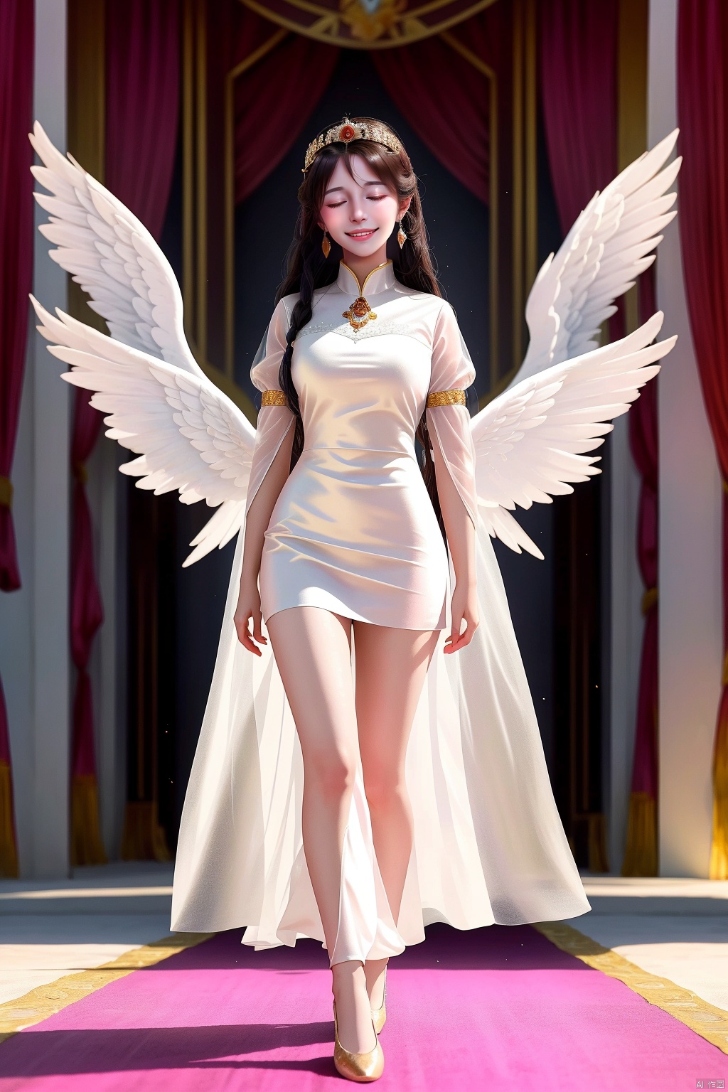 (View of the whole palace from afar,There are 100 girls,)( (all of whom have beautiful long black hair  ,All the girls wore beautiful and delicate white translucent gauze clothes, and the female emperor's sister also wore beautiful and delicate white translucent gauze clothes   )),(All girls have beautiful white angel wings behind them,  and the angel wings of the female emperor's sister have beautiful, graceful, delicate Angel's wings are white with gold thread),The camera zooms out,(A beautiful and gentle girl walked into the palace of the daughter kingdom. The curtains of the whole palace were pink.She stood shyly in the center of the pink carpet. The gentle and doomsday empress sat on the gold crystal seat and looked at her gently. Four rows of enchanting girls stood beside the pink carpet. The girls smiled and looked at her.There are one hundred girls in the two rows around ,They were all wearing white gauze clothes.) The female emperor was wearing gold gauze clothes and crystal shoes. The female emperor's sister got up and came to the girl's side. Her skin was white and tender, her legs were slender and straight, and her breasts were plump and beautiful. The female emperor was so young, beautiful and gentle, When she walked, she gently lifted her skirt with her left hand, and then her white, tender, silky, straight and graceful legs all leaked out, 
The female emperor elder sister came to the beautiful girl's side and hugged her gently, then kissed the girl's pink lips and kissing ,and kissing her mouths
,There were twenty beautiful and charming girls around the female emperor ,Then this group of girls followed the female emperor a little far away, and they especially respected the status of the female emperor
,It seemed that the female emperor didn't have any airs and was not dignified to the girls at all.The palace is very big and spacious,There is no red in the palace, mainly pink and purple gold, which gives girls a kind feeling, Draw the curtains
,Turn off all lights  ,The light is very dark,The female emperor sister and gently hugged the beautiful girl, put her tongue into her mouth, sucked and kissing,
((Dewy, white, silky skin, long, straight, graceful legs.))

 1girls,sister,female