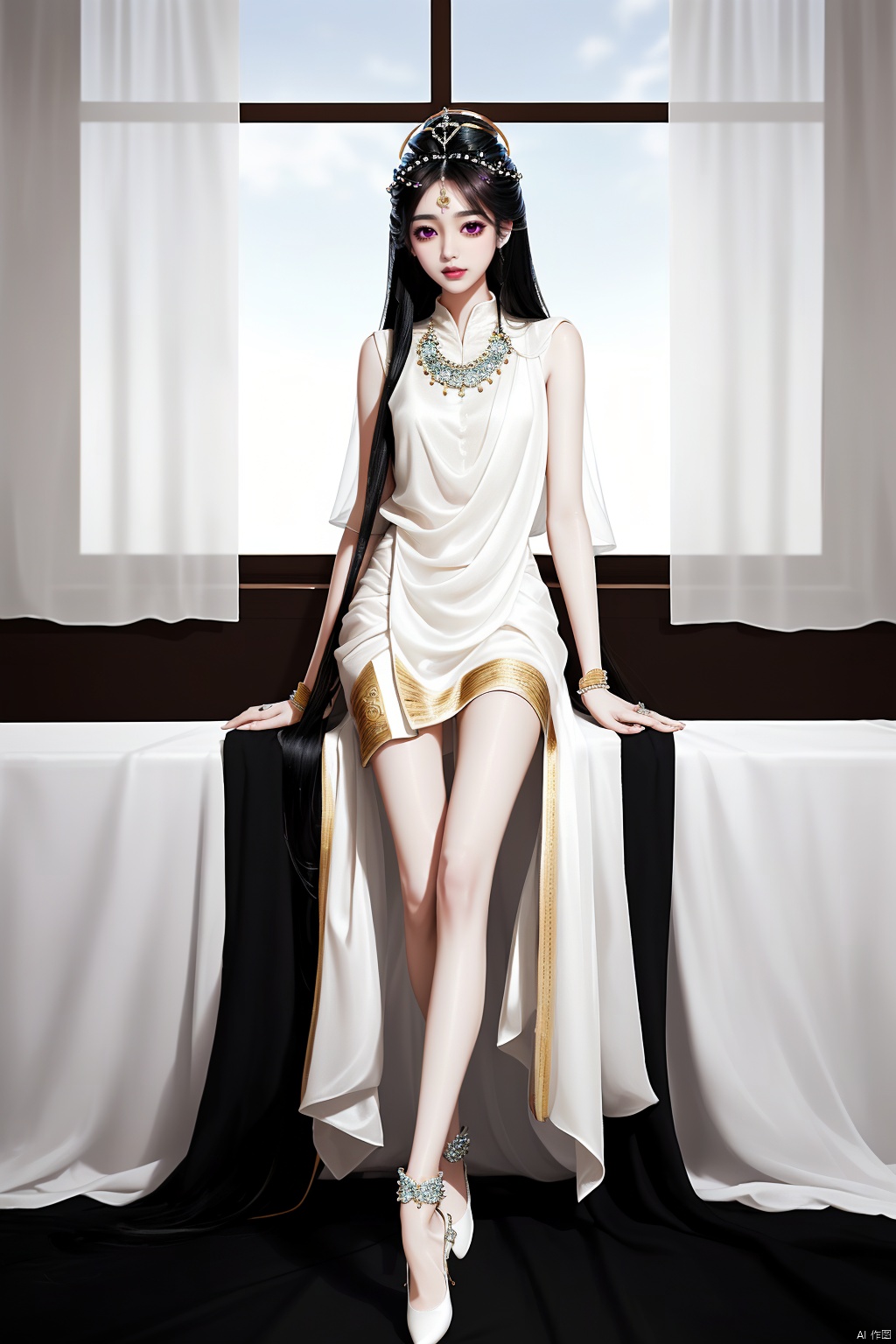A beautiful girl with a fine beaded curtain on her forehead,Long black hair,Beautiful, fair, dewy, silky skin.White gauze clothes, crystal shoes.Straight, beautiful legs,Hairpin with fine jewelry on head