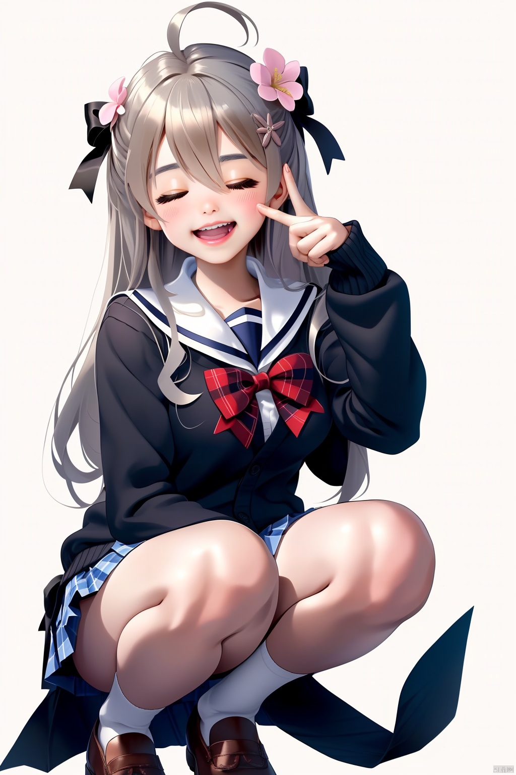 1girl, solo, long hair, blush, smile, open mouth, bangs, skirt, hair ornament, long sleeves, white background, bow, hair between eyes, sitting, very long hair, school uniform, closed eyes, flower, ahoge, :d, hair bow, grey hair, serafuku, hair flower, sailor collar, two side up, sleeves past wrists, plaid, black bow, feet out of frame, ^ ^, blue bow, plaid skirt, squatting, white skirt, cardigan, facing viewer, knees up, white sailor collar,Extend her right hand, extend her index finger to the left,Bend the other fingers of her right hand and point to the left,Bend her right arm to the left.
Left hand on right thigh.



