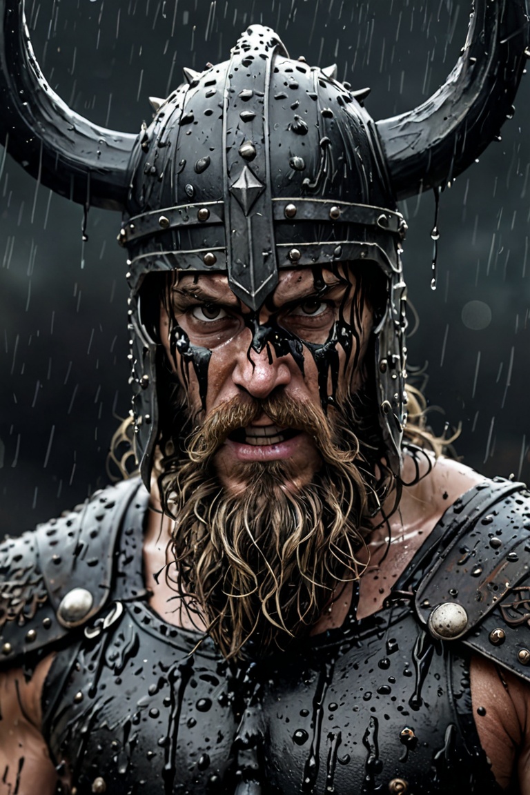 A close-up shot of a fierce Viking King,  covered in dripping wet black mud,  wearing a dark metal helmet with imposing bl...