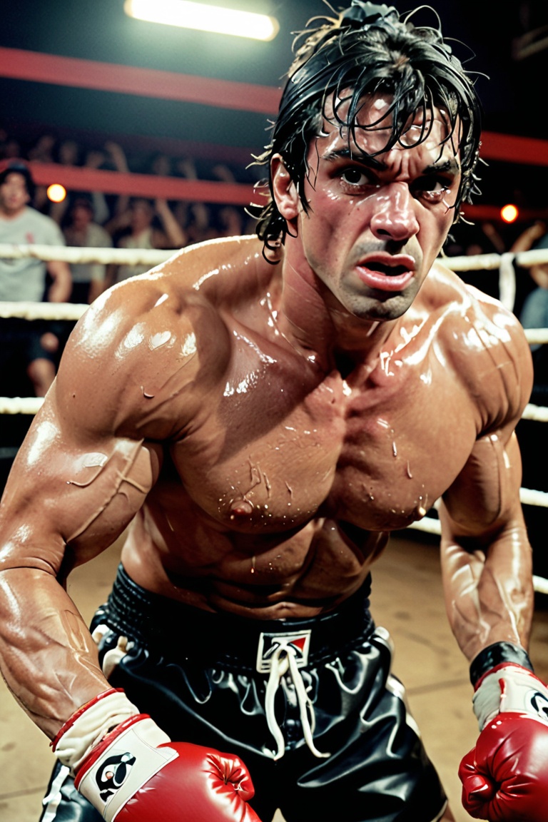 color photo of Rocky,  a rugged and determined boxer with a chiseled physique that speaks of unwavering strength and resil...