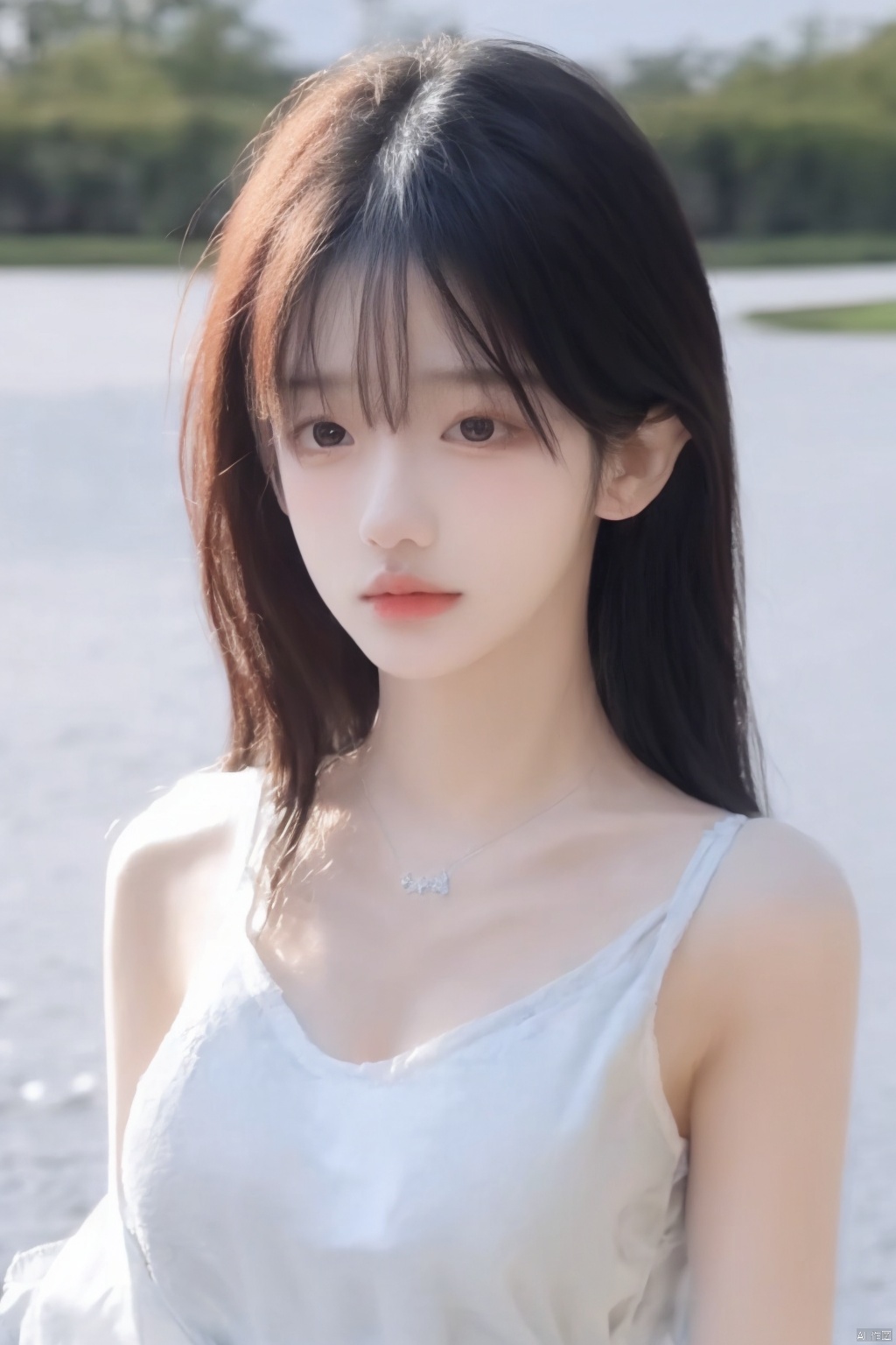 (realistic:1.5) ,highly detailed skin,1girl, big eyes ,(portrait:1.2) ,bare shoulders,long hair , (camisole:1.5) ,(natural skin:1.5) , (flat chest:1.5),thin waist ,sea ,sky, (blurry background:1.5) ,necklace ,earrings