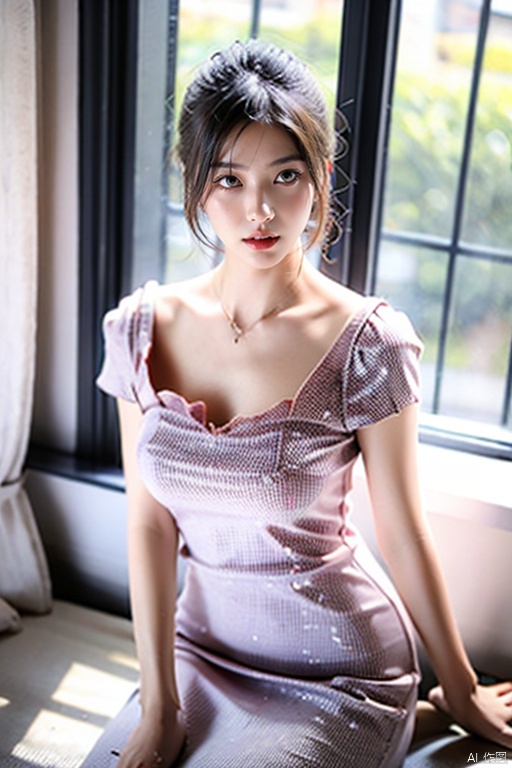 1girl, solo, breasts, looking at viewer, short hair, blue eyes, blonde hair, dress, jewelry, sitting, closed mouth, collarbone, flower, short sleeves, earrings, indoors, necklace, white dress, blurry, lips, book, window, floral print, sunlight, outstretched arms, realistic