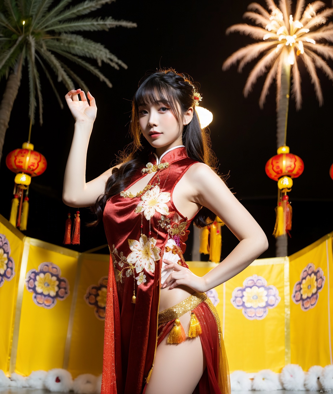 Beauty wearing a red dress. Pass the Chinese New Year. The background is a festive background,  and there are beautiful bl...