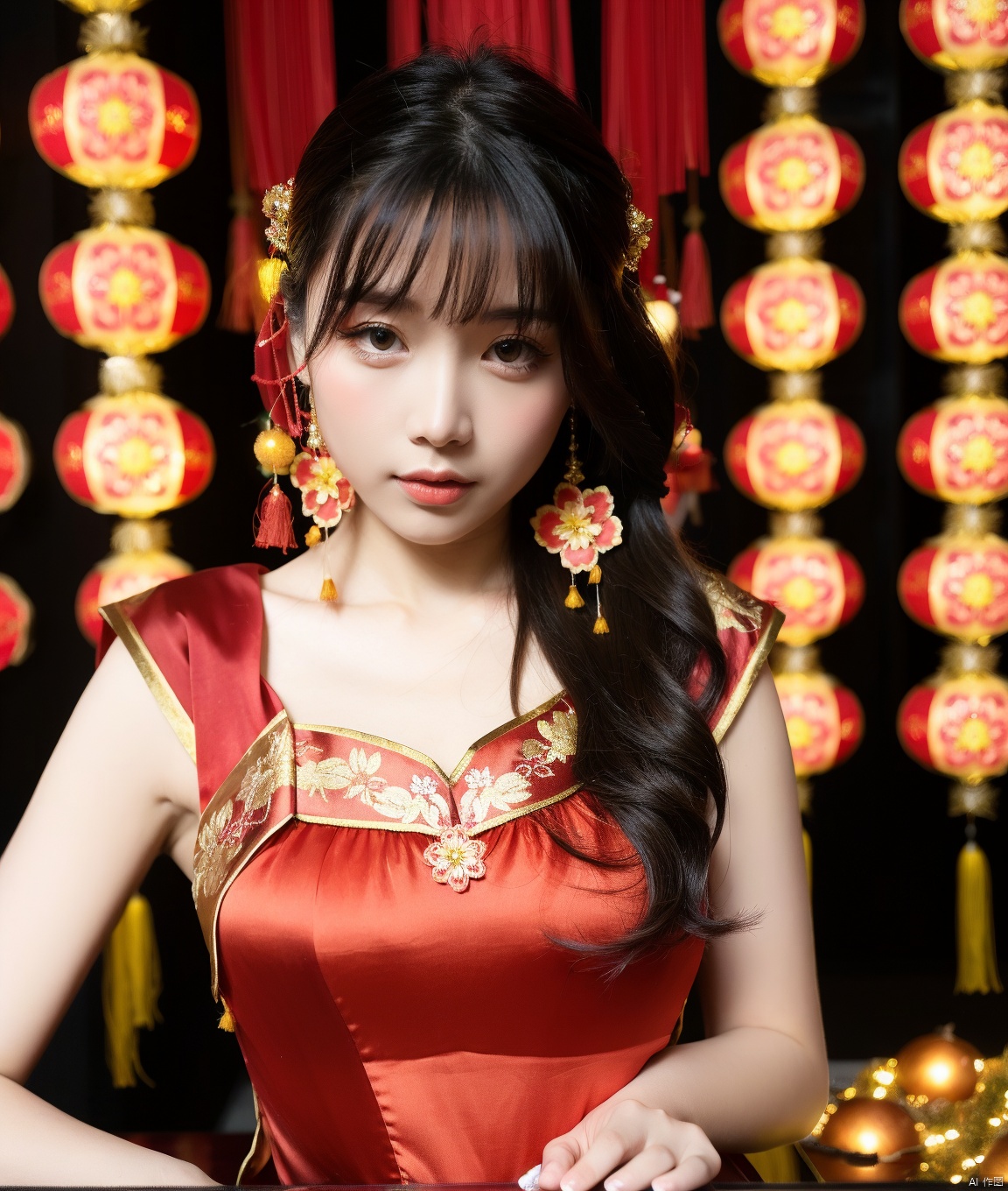 Beauty wearing a red dress. Pass the Chinese New Year. The background is a festive background,  and there are beautiful bl...