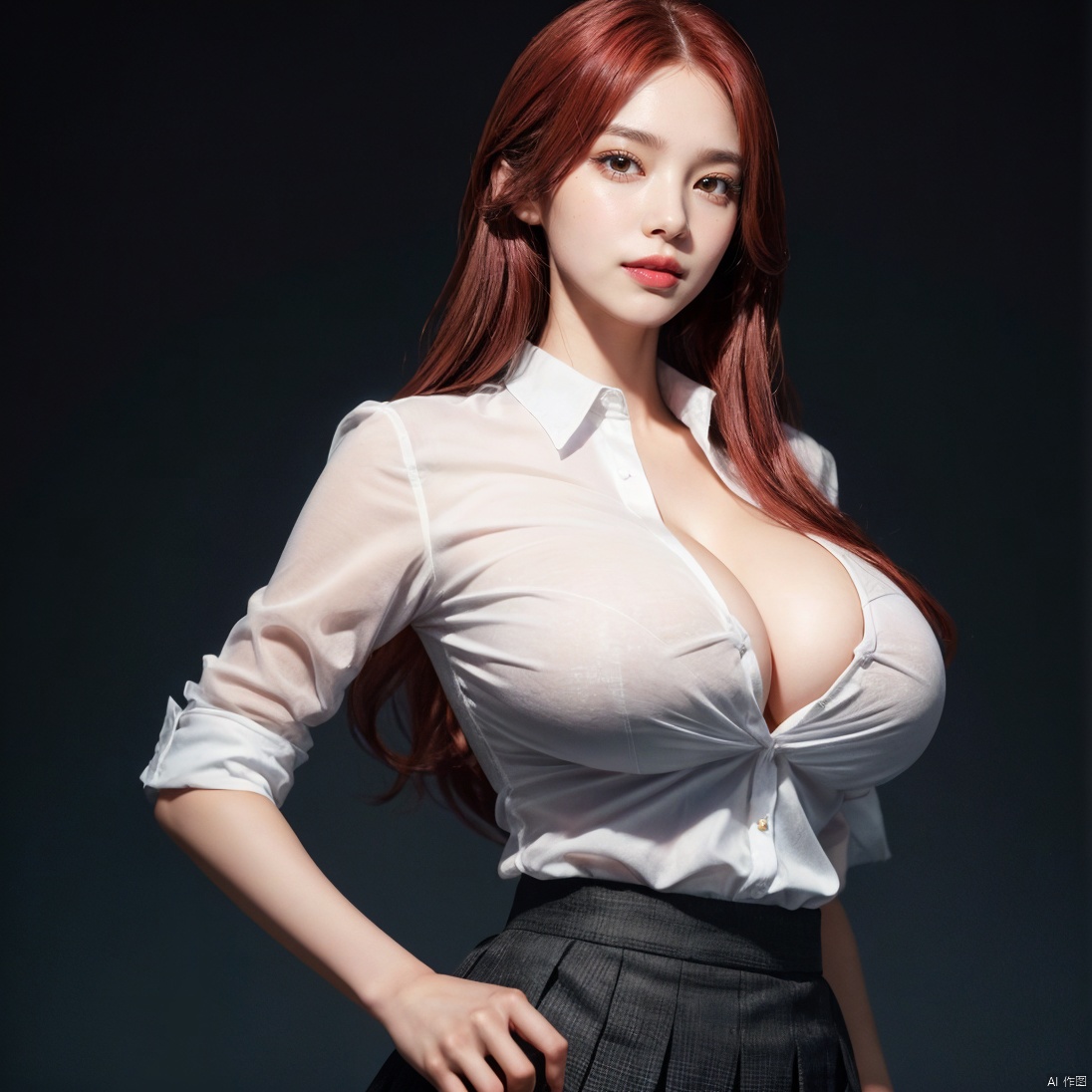 (((extremely detailed CG))), ((8k_wallpaper)), 16k photo, best quality, high resolution, hyper detailed, <big milkers> big breasts, (( (perfect detail, perfect photo))),cyber screen frame, Intricate and refined delicate details, beautiful detailed hair, soft make up, action, depth of field, masterpiece, clear focus, high detailed beautiful eyes, high detailed face, pretty face, clean face, fair skin, full-body, action, big tits, perfect,5_figner, 1girl, solo, psychedelic colors, psychedelic purple and blue background, Character front light, Front lighting, Light shining on face, mature female, high detailed, large breasts, very large breasts, huge breasts, skindentation, seductive smile, seductive pose, long hair, red hair, white collared shirt, white shirt, pleated skirt, black skirt, black thighhighs, standing, action,  ZDreamBeauty1, upper_body
