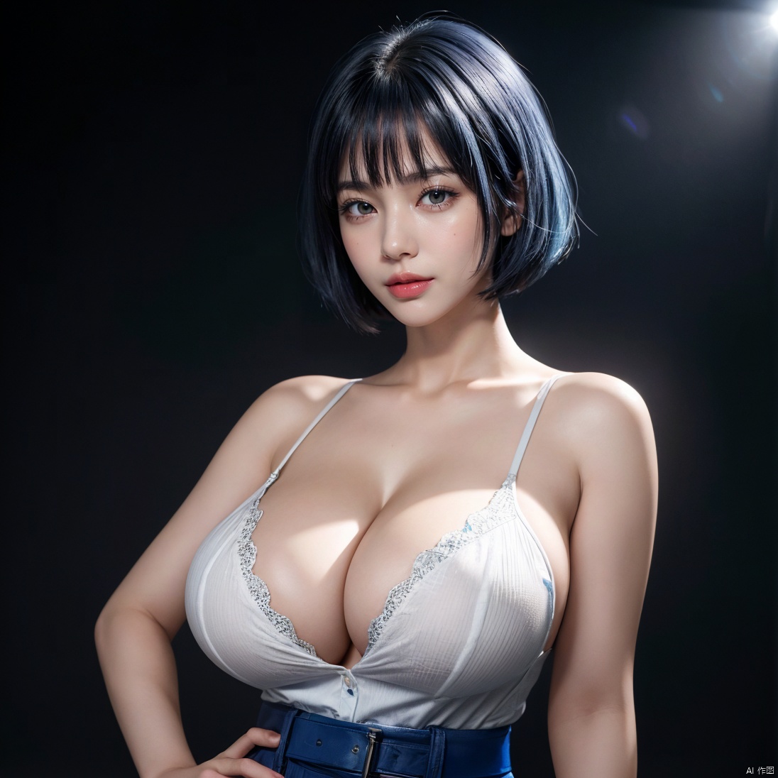 (((extremely detailed CG))), ((8k_wallpaper)), 16k photo, best quality, high resolution, hyper detailed, <big milkers> big breasts, (( (perfect detail, perfect photo))),cyber screen frame, Intricate and refined delicate details, beautiful detailed hair, soft make up, action, depth of field, masterpiece, clear focus, high detailed beautiful eyes, high detailed face, pretty face, clean face, fair skin, full-body, action, big tits, perfect,5_figner, 1girl, solo, psychedelic colors, psychedelic purple and blue background, Character front light, Front lighting, Light shining on face, mature female, high detailed, breasts, large breasts, very large breasts, huge breasts, skindentation, seductive smile, seductive pose, short hair, bob haircut, blue hair, white collared shirt, white shirt, black skirt, stockings, standing, action,  ZDreamBeauty1, upper_body