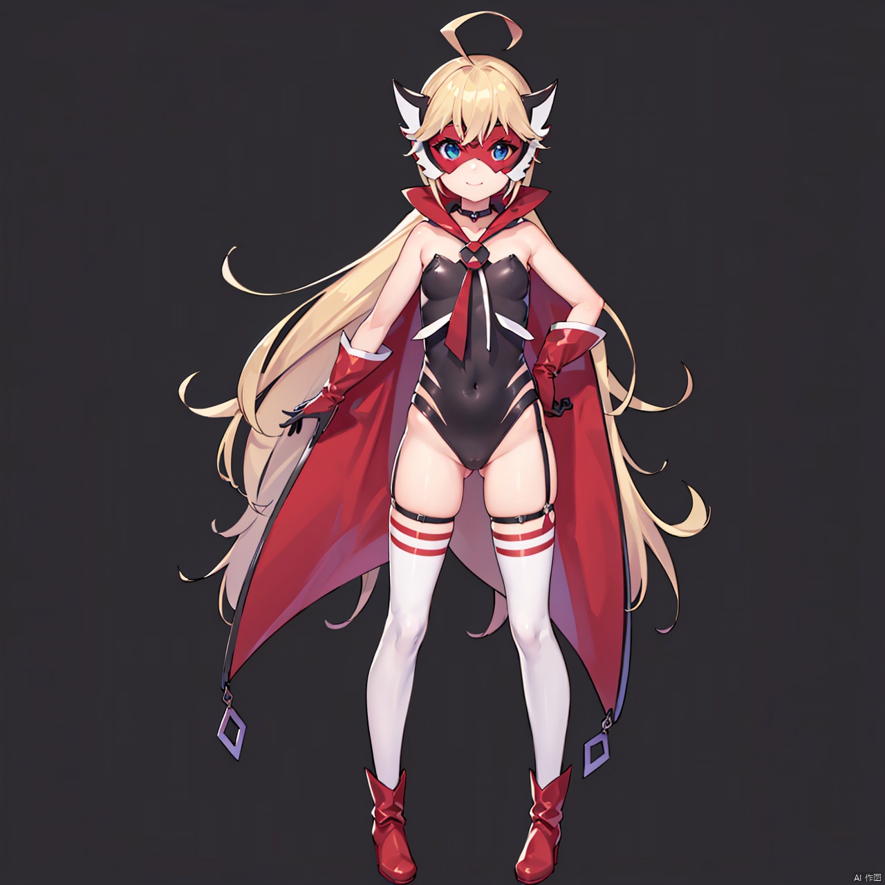  masterpiece, bestquality, Duolongzhi, 1girl, long hair, smile, blue eyes, blonde hair, thighhighs, very long hair, full body, ahoge, boots, black gloves, simple background, white background, cape, leotard, mask,