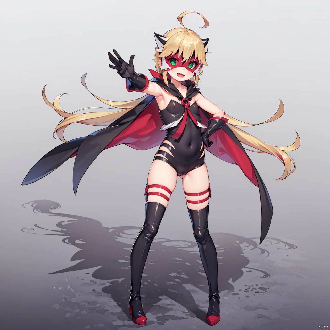  masterpiece, bestquality, Duolongzhi, 1girl, solo, long hair, smile, open mouth, green eyes, blonde hair, thighhighs, gloves, very long hair, ahoge, :d, boots, black gloves, cape, mask, knee boots, stand, full body,