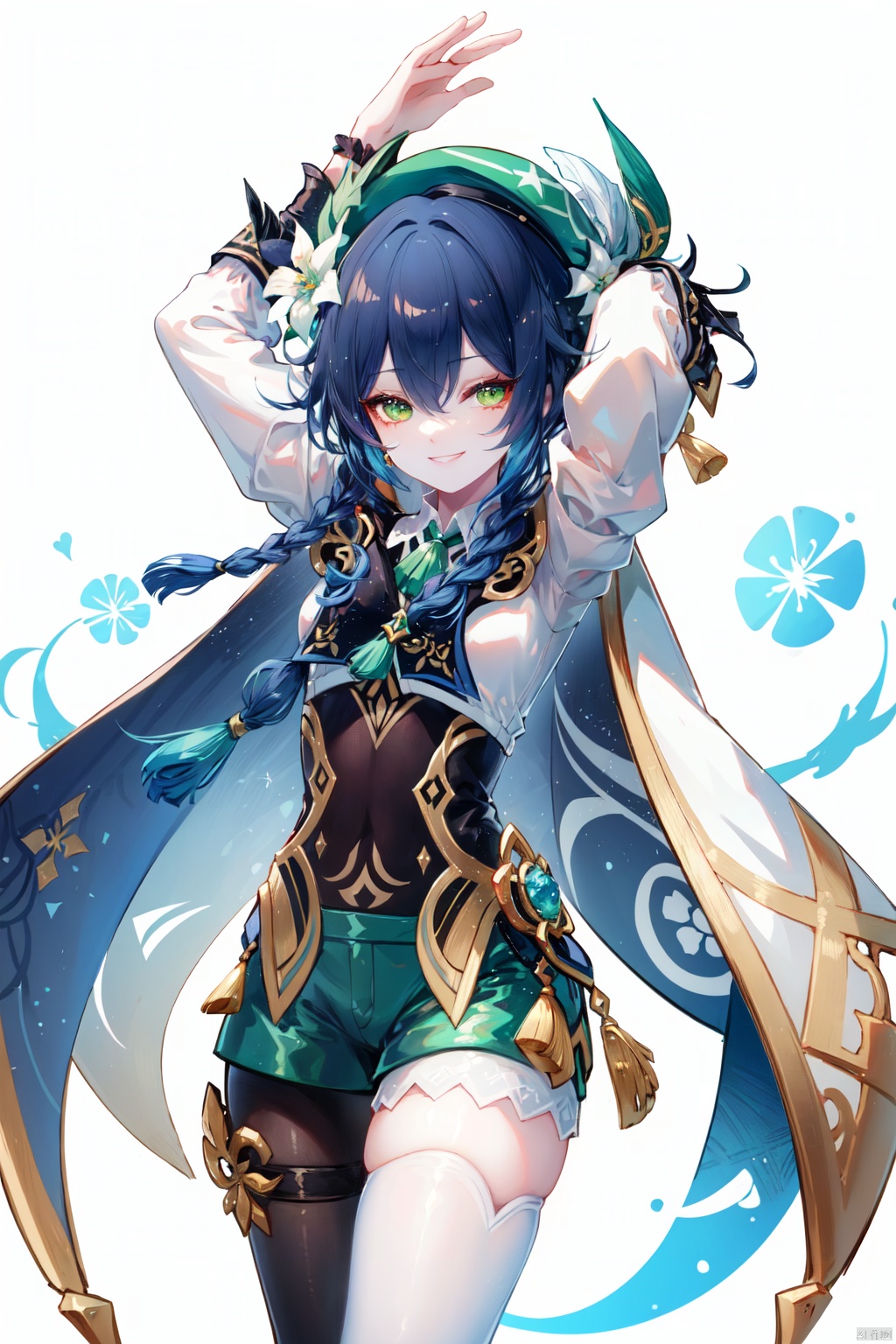 venti \(genshin impact\), solo, 1boy, male focus, green shorts, braid, green headwear, hat, multicolored hair, gradient hair, shorts, flower, twin braids, long sleeves, beret, black hair, pantyhose, smile, blue hair, frilled sleeves, bangs, vision \(genshin impact\), white flower, frills, shirt, cape, white shirt, corset, arms up, white pantyhose, short hair with long locks, bow, white background, androgynous, looking at viewer, simple background, hat flower, leaf, collared cape, green eyes, green cape, feathers, side braids, grin, hair between eyes