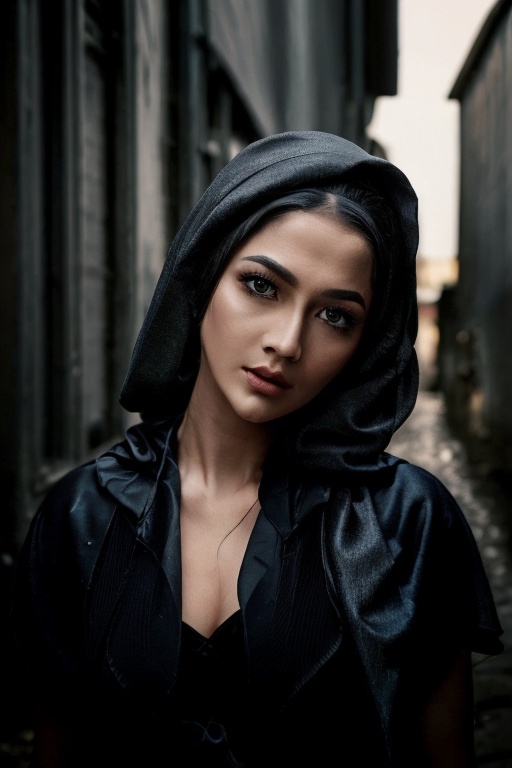 A mysterious beauty stands in a dimly lit alleyway,  her striking features illuminated by the faint streetlight. The close...