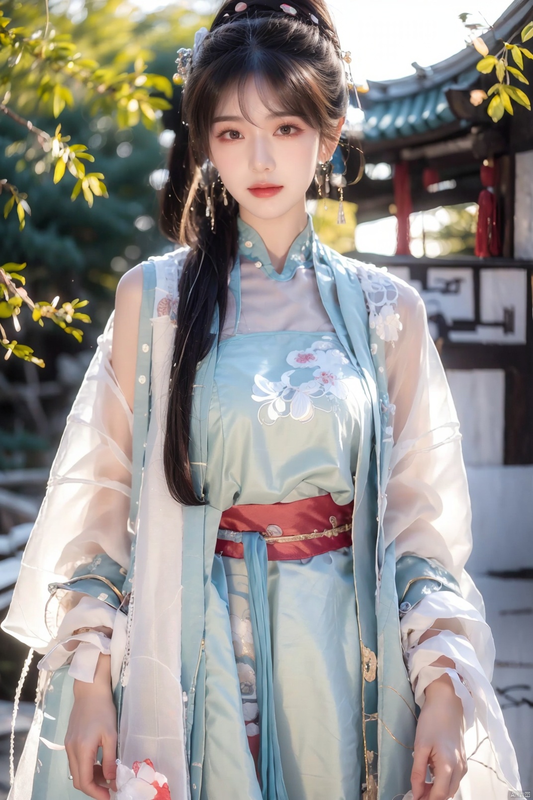 (masterpiece:1.2), best quality,PIXIV,long hair, shoulder armor, black hair,  hanfu, brown hair, chinese clothes, looking at viewer, tassel, earrings, wide sleeves, jewelry, standing, long sleeves, pauldrons,smile, closed mouth, ponytail, brown eyes, bangs, cape,Chinese girl,traditional Chinese, qiuyinong,midjourney portrait, backlight, colors,
