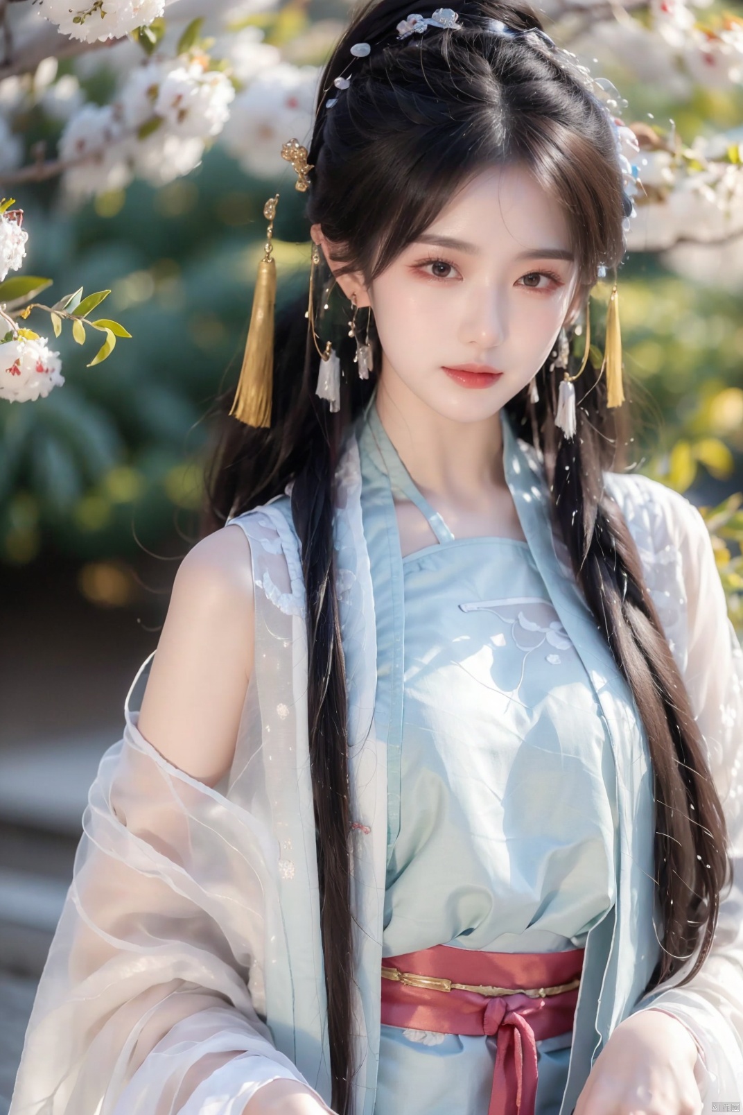 (masterpiece:1.2), best quality,PIXIV,long hair, shoulder armor, black hair,  hanfu, brown hair, chinese clothes, looking at viewer, tassel, earrings, wide sleeves, jewelry, standing, long sleeves, pauldrons,smile, closed mouth, ponytail, brown eyes, bangs, cape,Chinese girl,traditional Chinese, qiuyinong,midjourney portrait, backlight, colors,