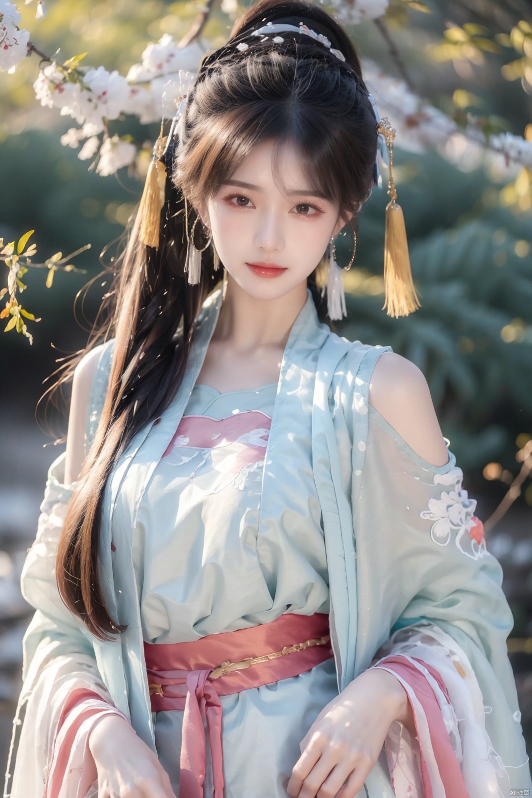 (masterpiece:1.2), best quality,PIXIV,long hair, shoulder armor, black hair,  hanfu, brown hair, chinese clothes, looking at viewer, tassel, earrings, wide sleeves, jewelry, standing, long sleeves, pauldrons,smile, closed mouth, ponytail, brown eyes, bangs, cape,Chinese girl,traditional Chinese, qiuyinong,midjourney portrait, backlight, colors,