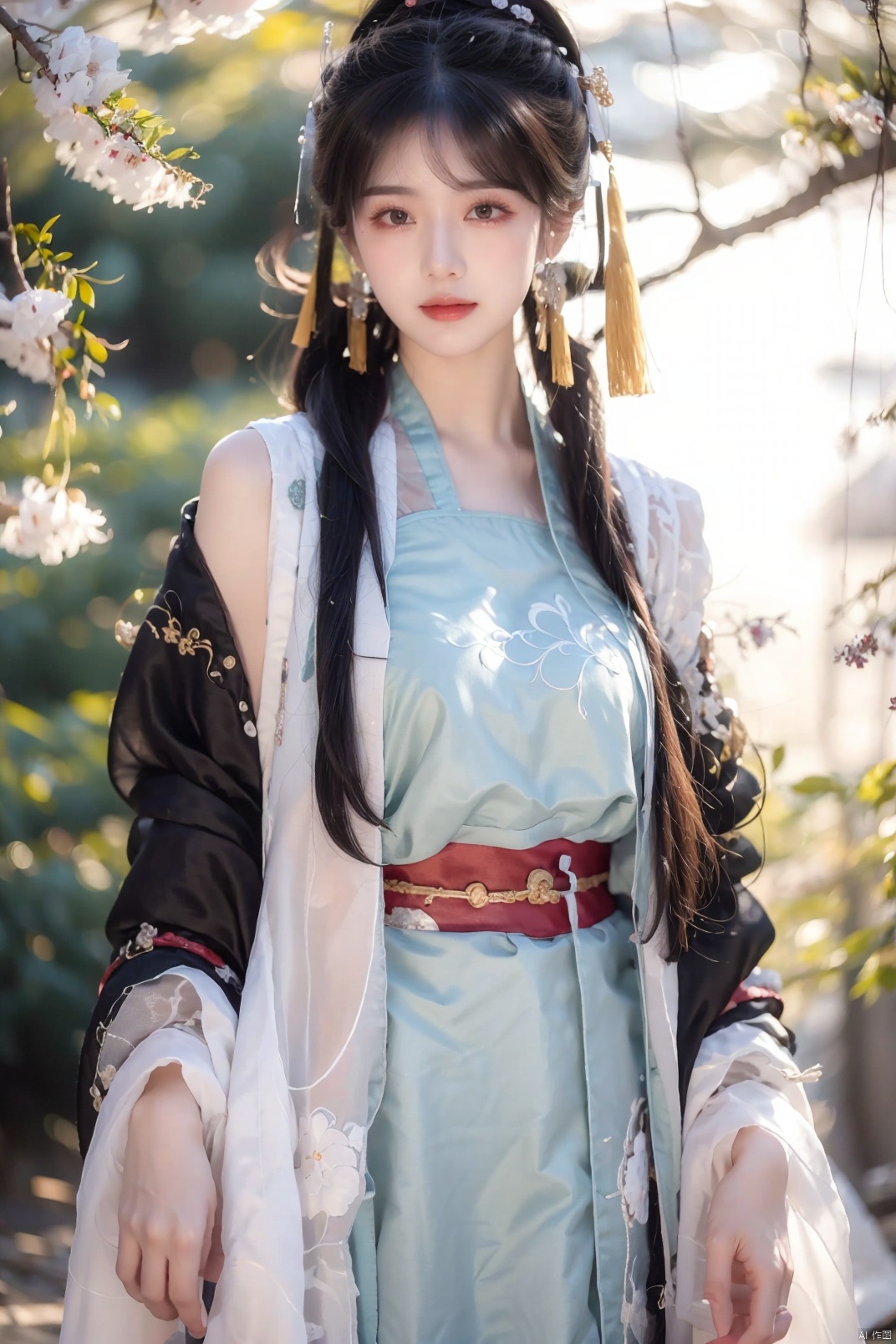 (masterpiece:1.2), best quality,PIXIV,long hair, shoulder armor, black hair,  hanfu, brown hair, chinese clothes, looking at viewer, tassel, earrings, wide sleeves, jewelry, standing, long sleeves, pauldrons,smile, closed mouth, ponytail, brown eyes, bangs, cape,Chinese girl,traditional Chinese, qiuyinong,midjourney portrait, backlight, colors,