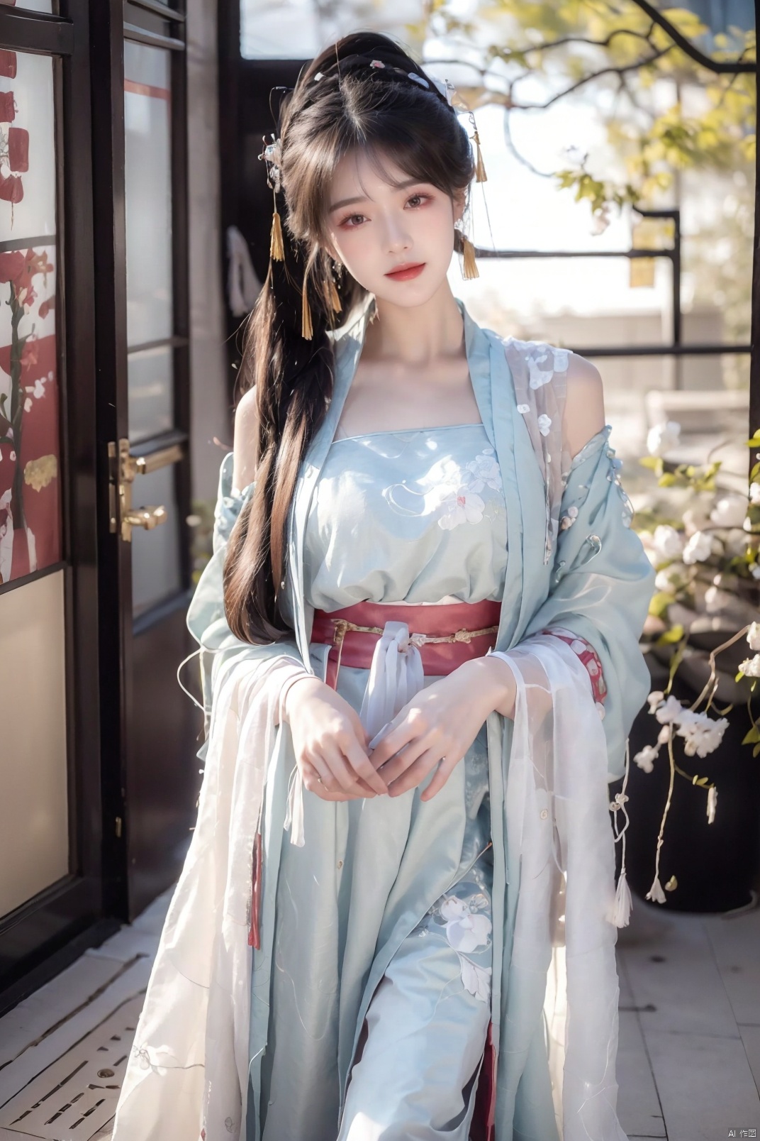 (masterpiece:1.2), best quality,PIXIV,long hair, shoulder armor, black hair,  hanfu, brown hair, chinese clothes, looking at viewer, tassel, earrings, wide sleeves, jewelry, standing, long sleeves, pauldrons,smile, closed mouth, ponytail, brown eyes, bangs, cape,Chinese girl,traditional Chinese, qiuyinong,midjourney portrait, backlight, colors,