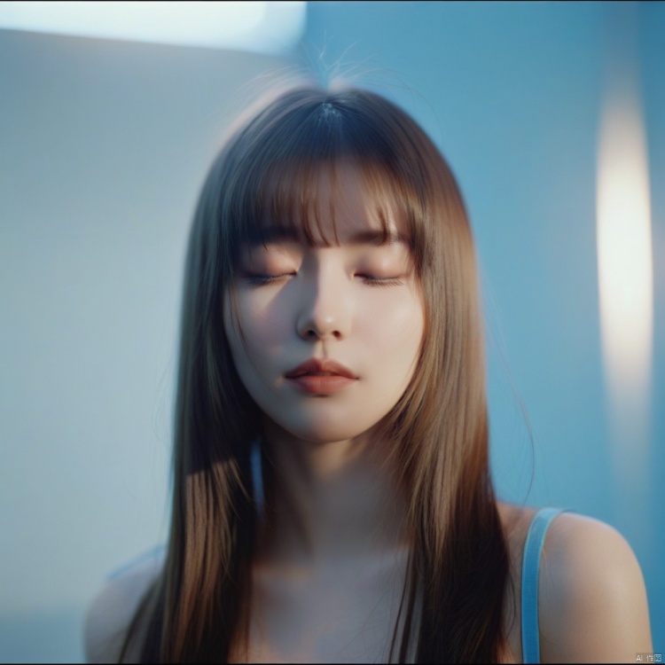  cinematic film still 1girl,closed eyes,light blue,Straight hair,long hair,light cream,upper body,light simple background,looking at viewer,blunt bangs,, . shallow depth of field, vignette, highly detailed, high budget, bokeh, cinemascope, moody, epic, gorgeous, film grain, grainy,monkren