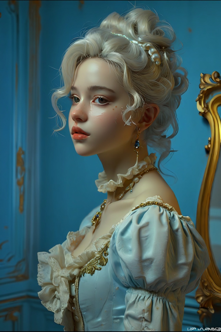  Realistic photo, 1 girl, masterpiece, Rococo style, highest quality, high quality, cute, (__camAngles__: 1.0), high-rise, Jeremy Lipking, Antonio J. Manzanedo, with a pure blue background. (()