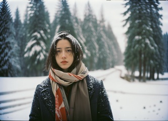  a woman standing in the snow with a scarf,album cover,forest in background,atmospheric and depressed,film,longcoat,best shot, reality,analog film photo,faded film,desaturated,35mm photo,grainy,vignette,vintage,Kodachrome,Lomography,stained,highly, realistic