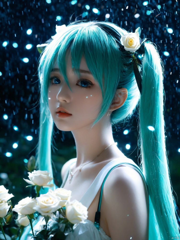  breathtaking face focus, masterpiece, best quality, 1girl, hatsune miku, white roses, petals, night background, fireflies, light particle, solo, aqua hair with twin tails, aqua eyes, standing, pixiv, depth of field, cinematic composition, best lighting, looking up . award-winning, professional, highly detailed
