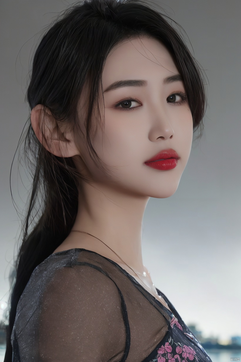 realistic,photorealistic,masterpiece,best quality,dark shot,(photo of portrait:1.2),cowbody shot,1girl,solo,smile,looking at viewer,long black hair,([:see-through:4]:1.2) (colorful:1.2) cns_dress,(floral print:1.2),standing by a river,dynamic pose,(shanghai:1.2),water,colorful cloud,incredible beautiful sky,netural lighting,dynamic Angle,neon,moon,bokeh,Chiaroscuro, Purple