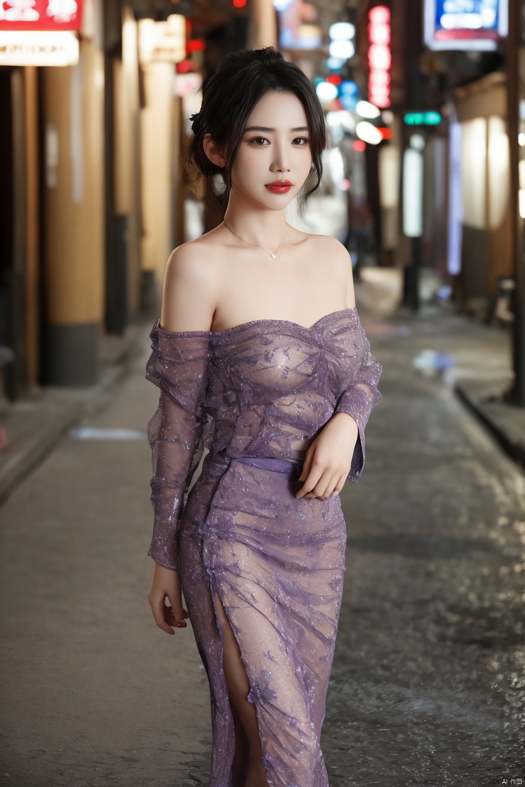 realistic,RAW photo,dslr,film grain,Fujifilm XT3,night shot,1girl,goddess women,(curly hair, long hair),(thigh,off shoulder:1.2),([:see-through:4]:1.4) (red floral print hanfu:1.1),pencil skirt,black pantyhose,(deserted street:1.3),Backlit,Bokeh,Contrast Filters,(smile:0.8),looking at viewer,(china jiangnan water town style:1.1),water,wet, Purple