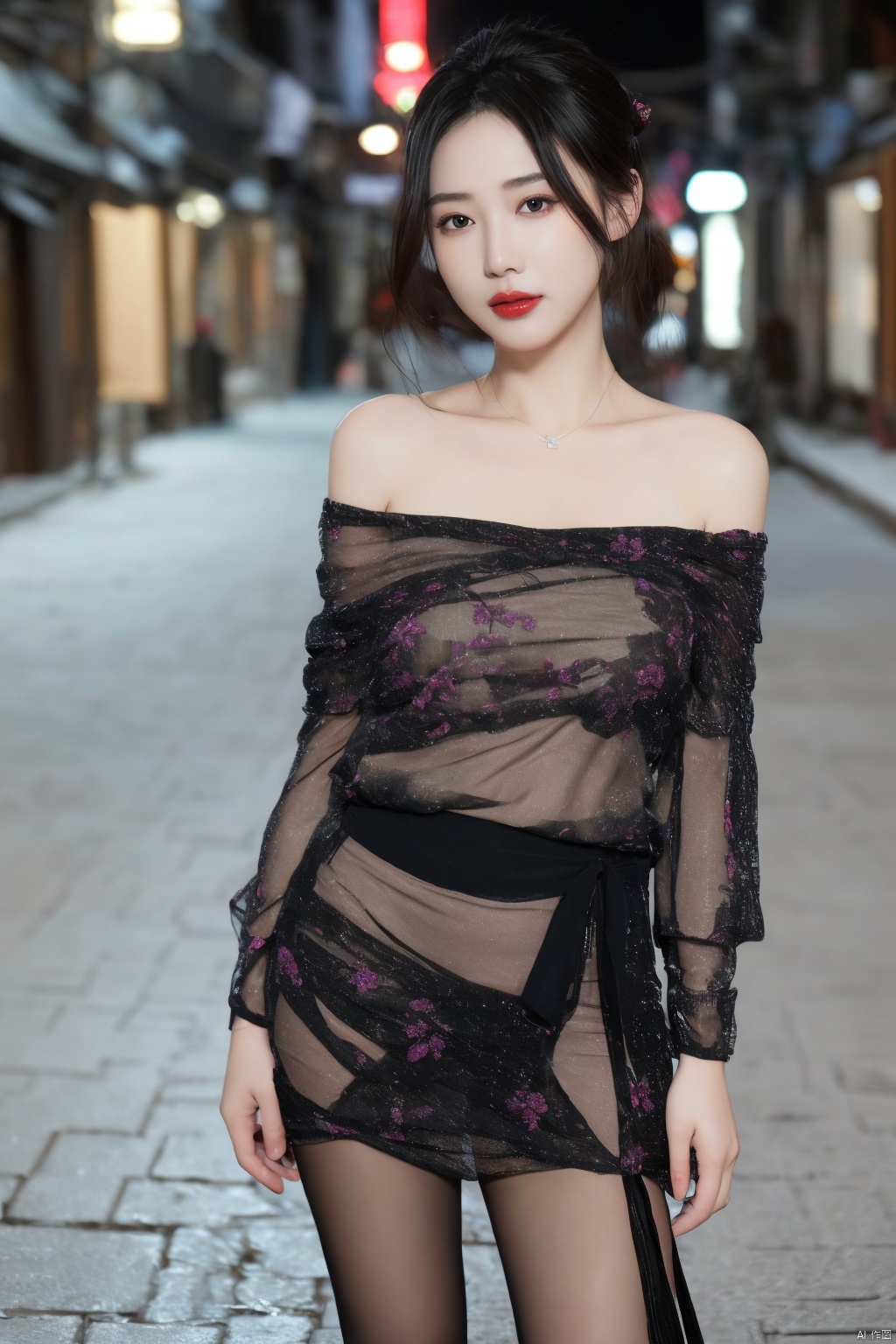 realistic,RAW photo,dslr,film grain,Fujifilm XT3,night shot,1girl,goddess women,(curly hair, long hair),(thigh,off shoulder:1.2),([:see-through:4]:1.4) (red floral print hanfu:1.1),pencil skirt,black pantyhose,(deserted street:1.3),Backlit,Bokeh,Contrast Filters,(smile:0.8),looking at viewer,(china jiangnan water town style:1.1),water,wet, Purple