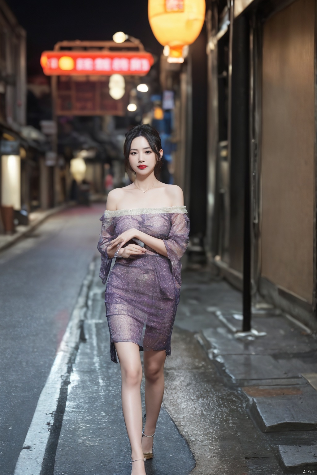 realistic,RAW photo,dslr,film grain,Fujifilm XT3,night shot,1girl,goddess women,(curly hair, long hair),(thigh,off shoulder:1.2),([:see-through:4]:1.4) (red floral print hanfu:1.1),pencil skirt,black pantyhose,(deserted street:1.3),Backlit,Bokeh,Contrast Filters,(smile:0.8),looking at viewer,(china jiangnan water town style:1.1),water,wet, Purple