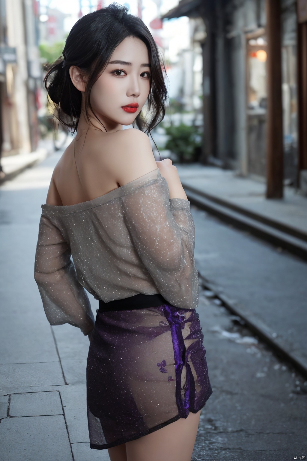 realistic,RAW photo,dslr,film grain,Fujifilm XT3,night shot,1girl,goddess women,(curly hair, long hair),(thigh,off shoulder:1.2),([:see-through:4]:1.4) (red floral print hanfu:1.1),pencil skirt,black pantyhose,(deserted street:1.3),Backlit,Bokeh,Contrast Filters,(smile:0.8),looking at viewer,(china jiangnan water town style:1.1),water,wet, Purple