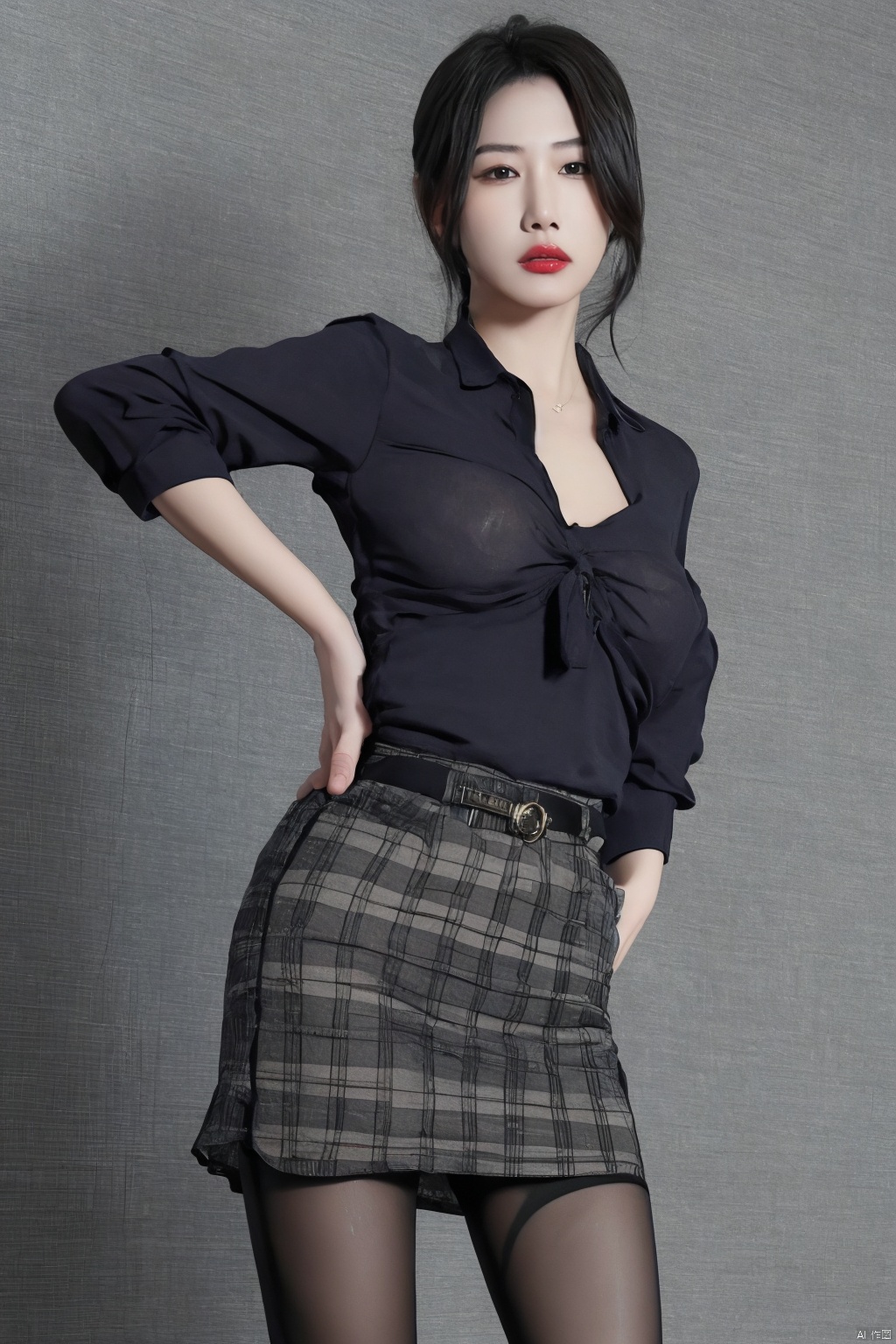 masterpiece,best quality,official art,extremely detailed CG unity 8k wallpaper,realistic,light rays,light particles, 1girl,solo,skirt,pantyhose,plaid skirt,black hair,long  hair,pantyhose,standing,day,(simple background:1.2),necktie, dynamic pose,looking at viewer,cowboy shot,breasts,hand on hip,belt,lips,(see through:0.8),(breasts:1.1), Purple