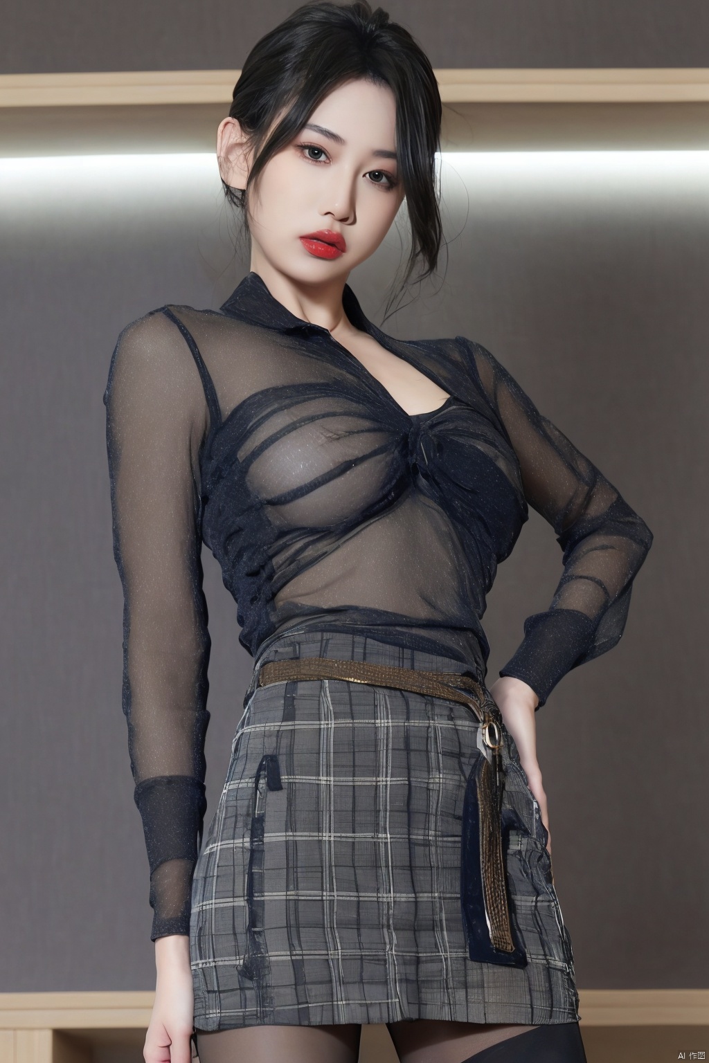 masterpiece,best quality,official art,extremely detailed CG unity 8k wallpaper,realistic,light rays,light particles, 1girl,solo,skirt,pantyhose,plaid skirt,black hair,long  hair,pantyhose,standing,day,(simple background:1.2),necktie, dynamic pose,looking at viewer,cowboy shot,breasts,hand on hip,belt,lips,(see through:0.8),(breasts:1.1), Purple