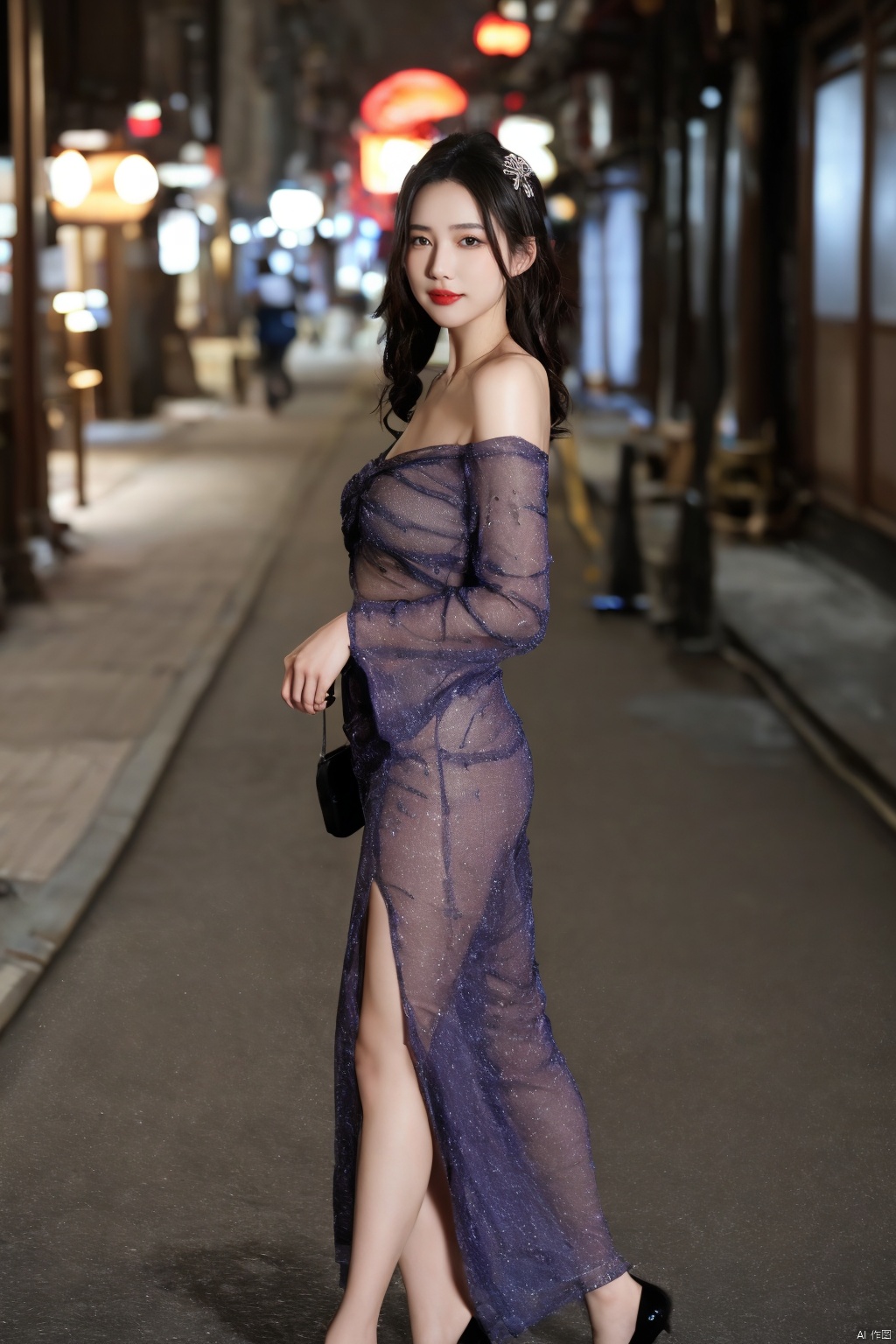 realistic,RAW photo,dslr,film grain,Fujifilm XT3,night shot,1girl,goddess women,(curly hair, long hair),(thigh,off shoulder:1.2),([:see-through:4]:1.4) (red floral print hanfu:1.1),pencil skirt,black pantyhose,(deserted street:1.3),Backlit,Bokeh,Contrast Filters,(smile:0.8),looking at viewer,(china jiangnan water town style:1.1),water,wet, Purple