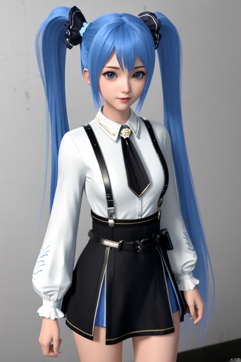 1 girl, blue hair, twintails, white shirt, short skirt, tallhgihs